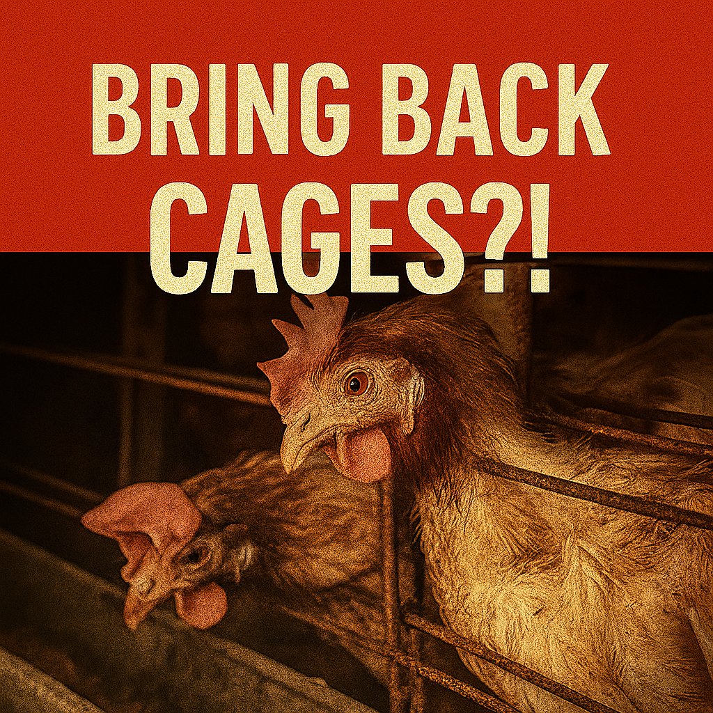 VFTAFoundation's tweet image. Politicians want to bring back cages for hens and blame egg prices.
Truth: Bird flu drove the spike, not humane laws like Prop 12.
This isn’t about saving you money. It’s about protecting factory farms.
Don’t let them undo progress.

#AnimalWelfare #CageFree #StopFactoryFarming
