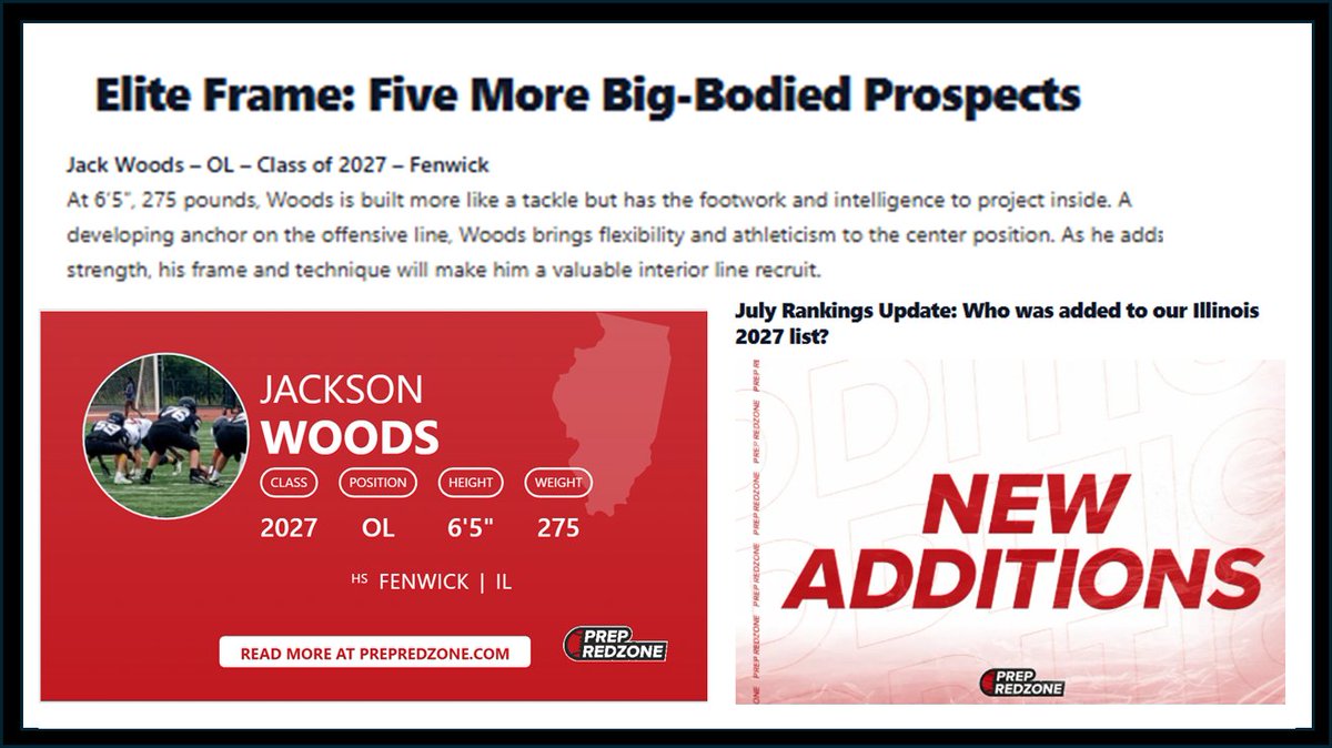 Jack Woods (@jackwoods5592) on Twitter photo Thank you <a href="/PrepRedzoneIL/">Prep Redzone Illinois</a> for the articles! prepredzone.com/2025/07/elite-…
<a href="/FenwickCoachB/">Matt Battaglia</a> <a href="/FenwickFB/">Fenwick Football</a> <a href="/sixstarfootball/">Six Star Football | PLUS+</a> <a href="/mwfbrecruiting/">Midwest Football Recruiting</a> <a href="/mikeclarkpreps/">MikeClarkPreps</a> <a href="/EDGYTIM/">Timothy “EDGYTIM” OHalloran</a> <a href="/AAPancakes/">All-American Pancakes</a> <a href="/6starfootballIL/">Six Star Football | ILLINOIS</a> <a href="/DeepDishFB/">DEEP DISH FOOTBALL</a> <a href="/scottybscout/">Scott Burgess</a> <a href="/OJW_Scouting/">PrepRedzone Oliver</a> <a href="/SWiltfong_/">Steve Wiltfong</a> <a href="/adamgorney/">Adam Gorney</a> <a href="/AllenTrieu/">Allen Trieu</a> Thank you <a href="/PrepRedzoneIL/">Prep Redzone Illinois</a> for the articles! prepredzone.com/2025/07/elite-…
<a href="/FenwickCoachB/">Matt Battaglia</a> <a href="/FenwickFB/">Fenwick Football</a> <a href="/sixstarfootball/">Six Star Football | PLUS+</a> <a href="/mwfbrecruiting/">Midwest Football Recruiting</a> <a href="/mikeclarkpreps/">MikeClarkPreps</a> <a href="/EDGYTIM/">Timothy “EDGYTIM” OHalloran</a> <a href="/AAPancakes/">All-American Pancakes</a> <a href="/6starfootballIL/">Six Star Football | ILLINOIS</a> <a href="/DeepDishFB/">DEEP DISH FOOTBALL</a> <a href="/scottybscout/">Scott Burgess</a> <a href="/OJW_Scouting/">PrepRedzone Oliver</a> <a href="/SWiltfong_/">Steve Wiltfong</a> <a href="/adamgorney/">Adam Gorney</a> <a href="/AllenTrieu/">Allen Trieu</a>