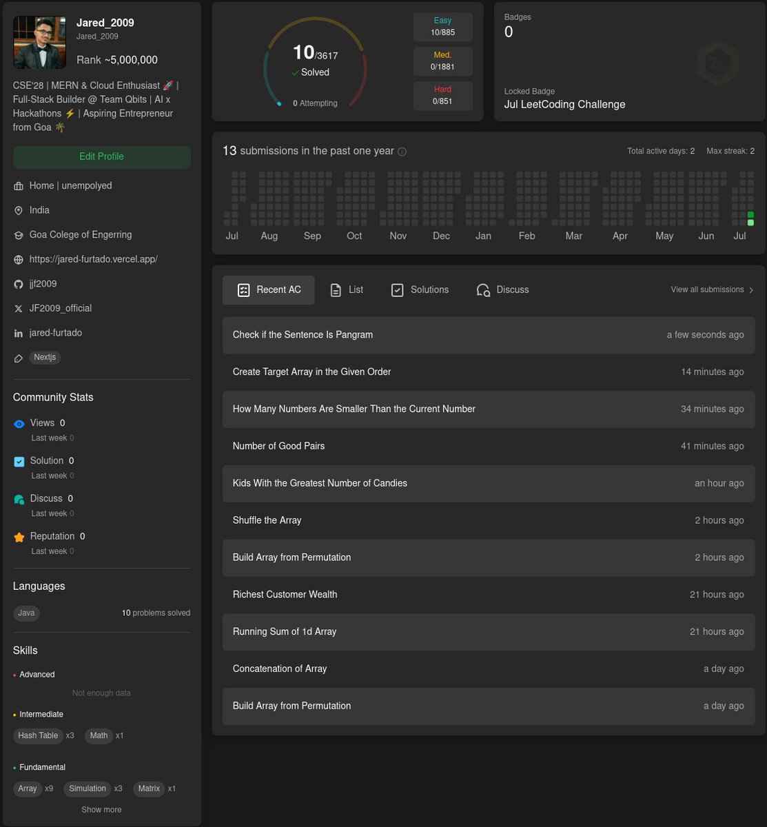 jared_furtado10's tweet image. Day 2 of my #DSAinJava journey ๐ป
Today was a productive day , solved 6 easy problems on #LeetCode , worked on my personal project , still stuck on it , cant understand how to send a email using #emailjs , do help me if anyone knows