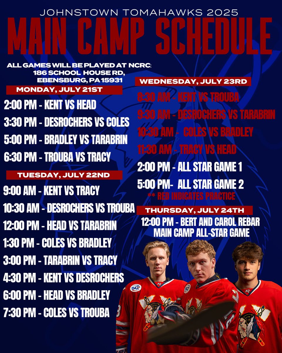 📅 Here is the 2025 Tomahawks Main Camp Schedule!

Come catch the future of Tomahawks hockey in action ➡️ All games will be held at NCRC and are free and open to the public!

#LetsGoHawks | #AllOfUs