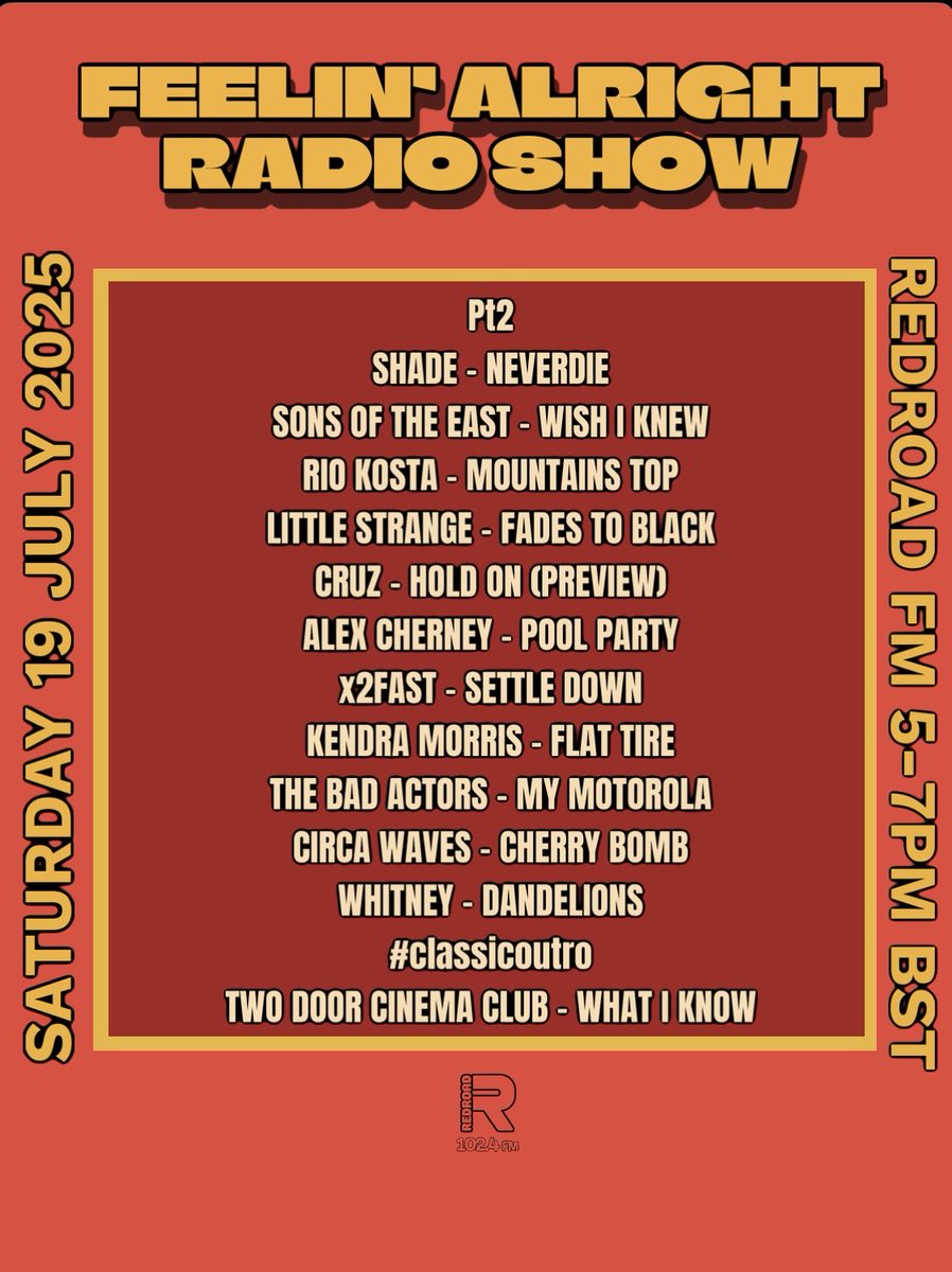 FeelinAlright (@feelinpromo) on Twitter photo NOW on today’s #feelinalrightradioshow on <a href="/RedroadFM/">Redroad FM</a> 5-7pm BST Pt2 <a href="/SHADEmcr/">S H A D E</a> <a href="/sonsoftheeast/">Sons Of The East</a>
RIO KOSTA <a href="/lttlstrangeband/">Little Strange</a> <a href="/band_cruz/">CRUZ</a> Alex Cherney x2Fast <a href="/KendraMorris/">KendraMorris</a> The Bad Actors <a href="/CircaWaves/">CIRCA WAVES</a> <a href="/whitneytheband/">Whitney</a> #classicoutro <a href="/TwoDoorCinemaC1/">TwoDoorCinemaClub</a> #newmusic #locallist #emergingartists NOW on today’s #feelinalrightradioshow on <a href="/RedroadFM/">Redroad FM</a> 5-7pm BST Pt2 <a href="/SHADEmcr/">S H A D E</a> <a href="/sonsoftheeast/">Sons Of The East</a>
RIO KOSTA <a href="/lttlstrangeband/">Little Strange</a> <a href="/band_cruz/">CRUZ</a> Alex Cherney x2Fast <a href="/KendraMorris/">KendraMorris</a> The Bad Actors <a href="/CircaWaves/">CIRCA WAVES</a> <a href="/whitneytheband/">Whitney</a> #classicoutro <a href="/TwoDoorCinemaC1/">TwoDoorCinemaClub</a> #newmusic #locallist #emergingartists