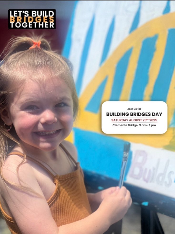 🌉 Our Future Starts Here
At Building Bridges Day, youth lead, create, and shine.
🎨 From murals to meeting heroes, it's their day to be seen, heard &amp; empowered.
💛 Join us Aug 23 on the Clemente Bridge!
Tag a young person who inspires you 👇
#BuildingBridgesDay #InspireYouth