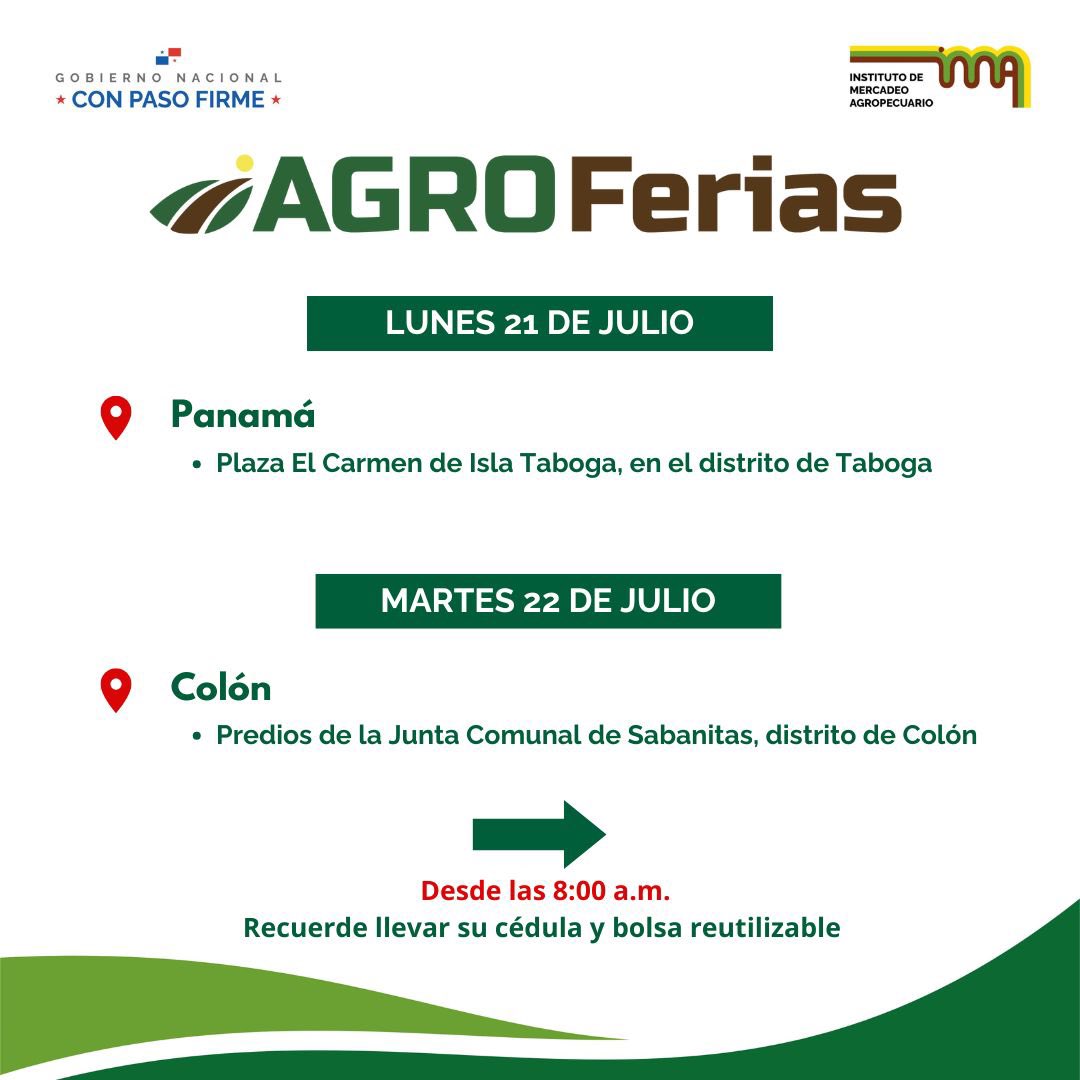IMA_Pma's tweet image. ¡Tome nota! Aquí están las agroferias del IMA programadas para el 21 y 22 de julio.
📍Verifica las sedes de cada feria
⏰ Todas inician desde las 8am
♻️ Recuerda llevar bolsa reutilizable y la cédula.
Apoya lo local, nuestra feria, nuestro orgullo
#ConPasoFirme
