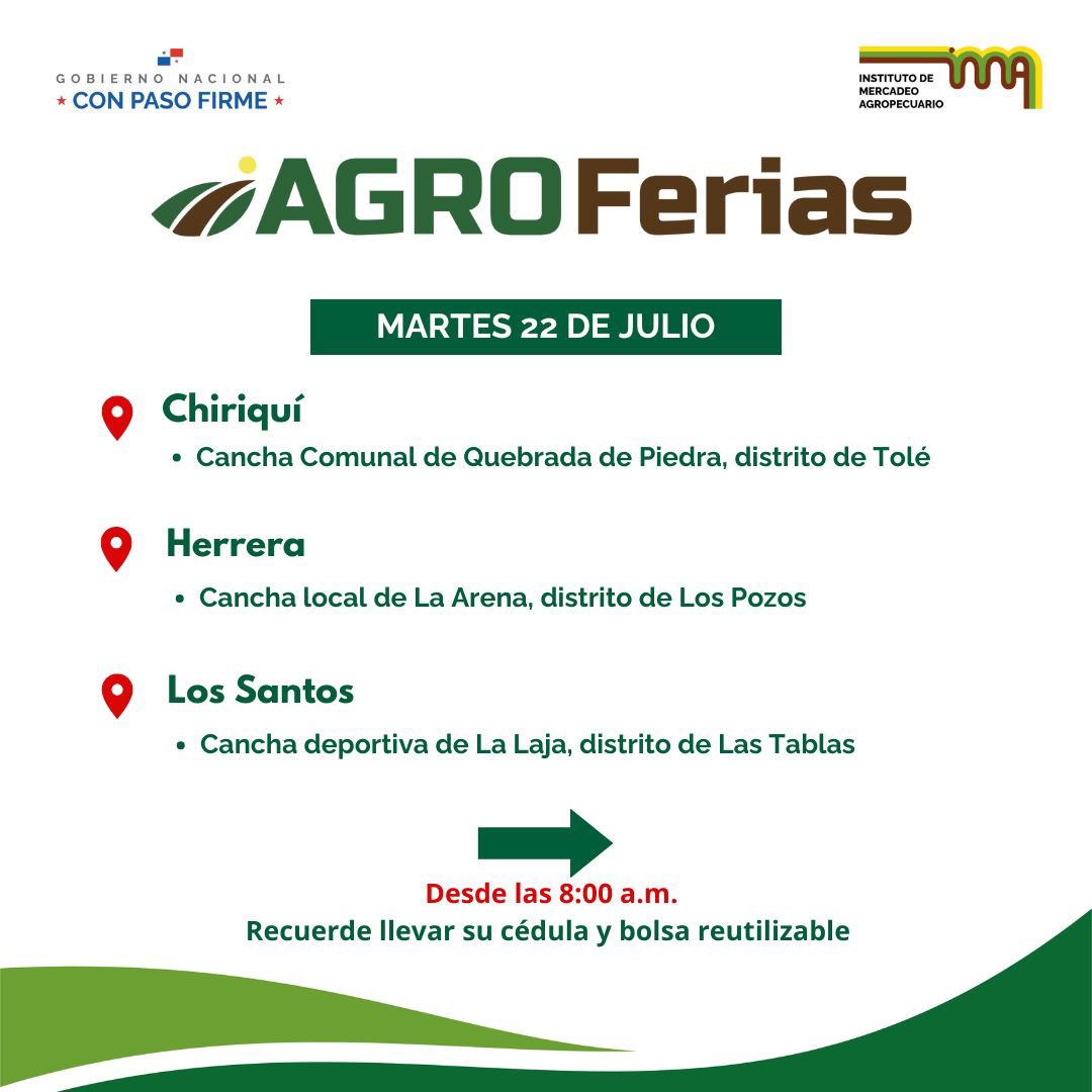 IMA_Pma's tweet image. ¡Tome nota! Aquí están las agroferias del IMA programadas para el 21 y 22 de julio.
📍Verifica las sedes de cada feria
⏰ Todas inician desde las 8am
♻️ Recuerda llevar bolsa reutilizable y la cédula.
Apoya lo local, nuestra feria, nuestro orgullo
#ConPasoFirme