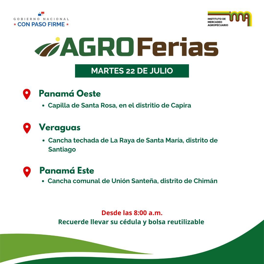 IMA_Pma's tweet image. ¡Tome nota! Aquí están las agroferias del IMA programadas para el 21 y 22 de julio.
📍Verifica las sedes de cada feria
⏰ Todas inician desde las 8am
♻️ Recuerda llevar bolsa reutilizable y la cédula.
Apoya lo local, nuestra feria, nuestro orgullo
#ConPasoFirme