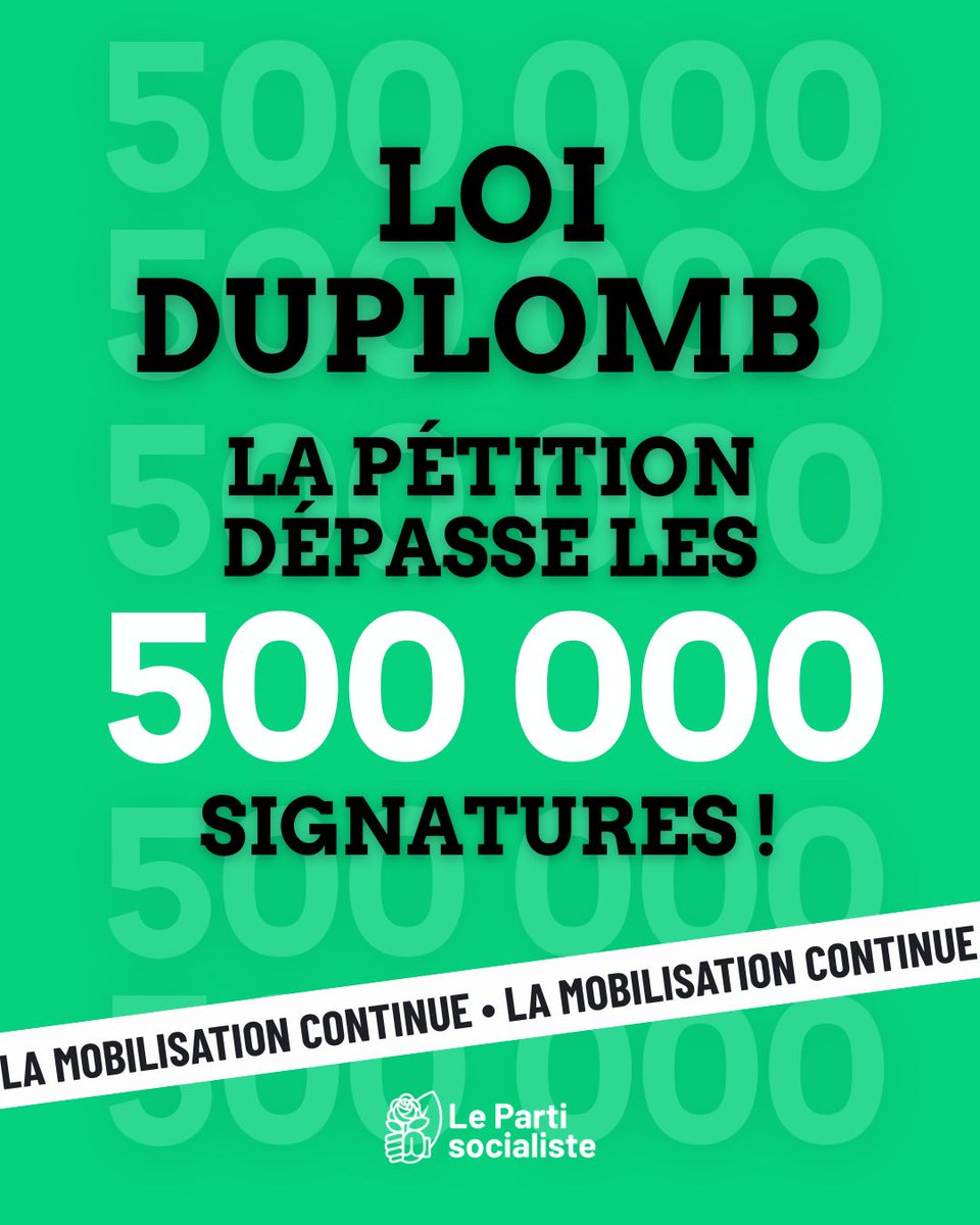 ✊ Loi Duplomb : le cap des 500 000 signatures franchi ! Félicitations aux paysan•es, aux syndicats, aux associations, et à tous•tes les citoyen•nes engagé•es.

Nos député•es seront au RDV pour se battre contre cette loi à l'AN.

Signer la pétition 👉 petitions.assemblee-nationale.fr/initiatives/i-…