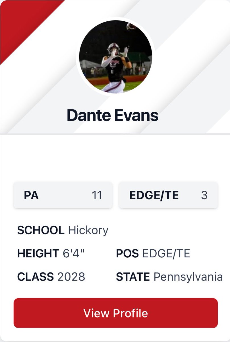 Dante Evans (@danteevans2028) on Twitter photo I’m blessed to be ranked the #11 player and the #3 tight end in the class of 2028 in PA by <a href="/PrepRedzone/">Prep Redzone 🏈</a> . <a href="/NYSEandeasy/">Michael Nysewander</a> <a href="/CoachTHowle/">Ty Howle</a> <a href="/Coach_JWatts/">Justin Watts</a> <a href="/CoachGLocklear/">Gavin Locklear</a> <a href="/MikeDenbrock/">Mike Denbrock</a> <a href="/DavidWayneSpur2/">David Wayne Spurlock</a>
<a href="/TerryGrossetti/">Terry Grossetti Jr.</a> <a href="/BillBillDungee/">Bill Dungee 🏈</a> <a href="/Mattschneider75/">Matt Schneider</a> I’m blessed to be ranked the #11 player and the #3 tight end in the class of 2028 in PA by <a href="/PrepRedzone/">Prep Redzone 🏈</a> . <a href="/NYSEandeasy/">Michael Nysewander</a> <a href="/CoachTHowle/">Ty Howle</a> <a href="/Coach_JWatts/">Justin Watts</a> <a href="/CoachGLocklear/">Gavin Locklear</a> <a href="/MikeDenbrock/">Mike Denbrock</a> <a href="/DavidWayneSpur2/">David Wayne Spurlock</a>
<a href="/TerryGrossetti/">Terry Grossetti Jr.</a> <a href="/BillBillDungee/">Bill Dungee 🏈</a> <a href="/Mattschneider75/">Matt Schneider</a>