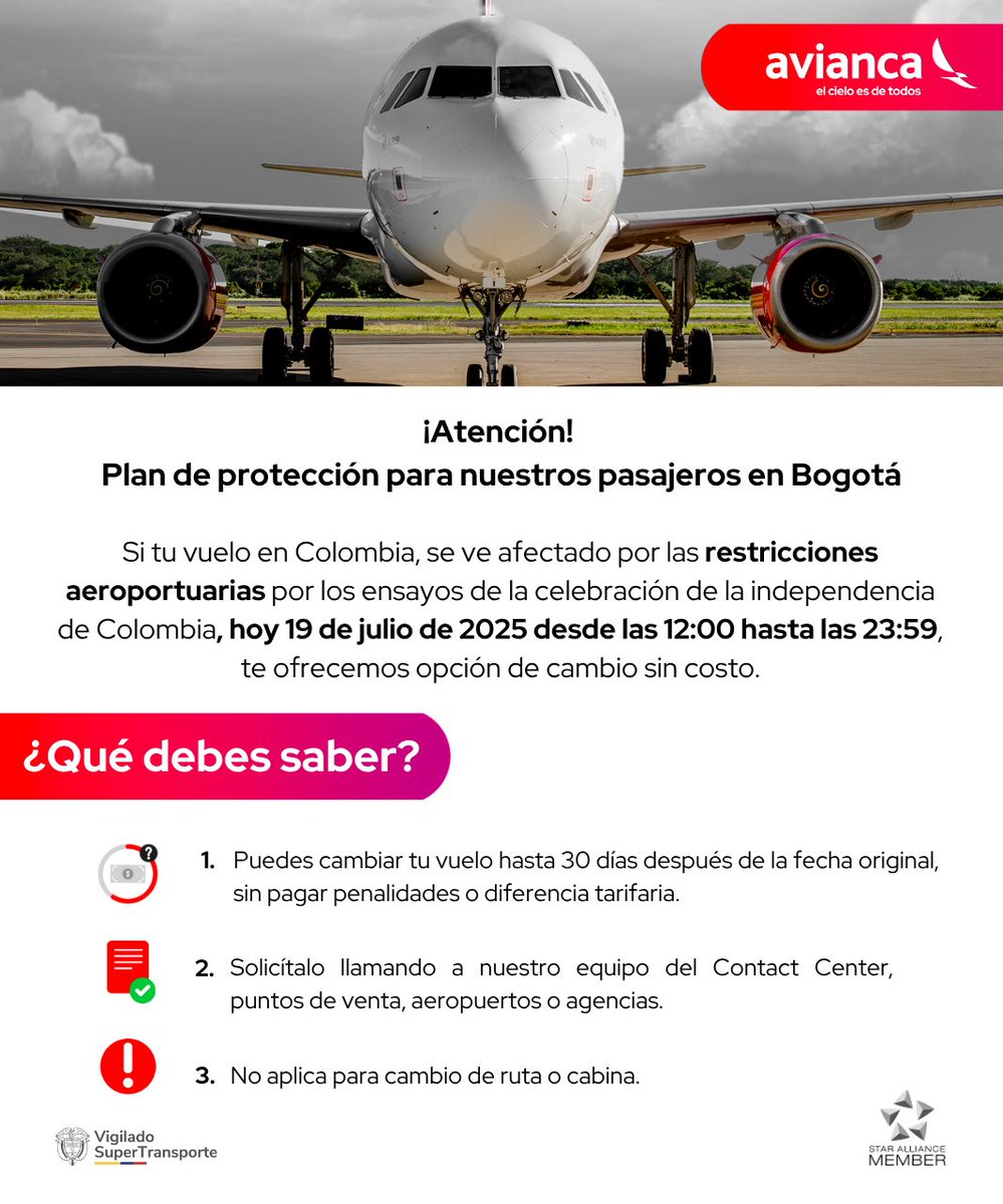 ¡Atención pasajero! ✈️

Te compartimos esta información si, hoy 19 de julio, tu viaje en #Colombia se ve afectado por restricciones aeroportuarias. 👇 ¡Consulta tu vuelo: cutt.ly/yrfinBkm!