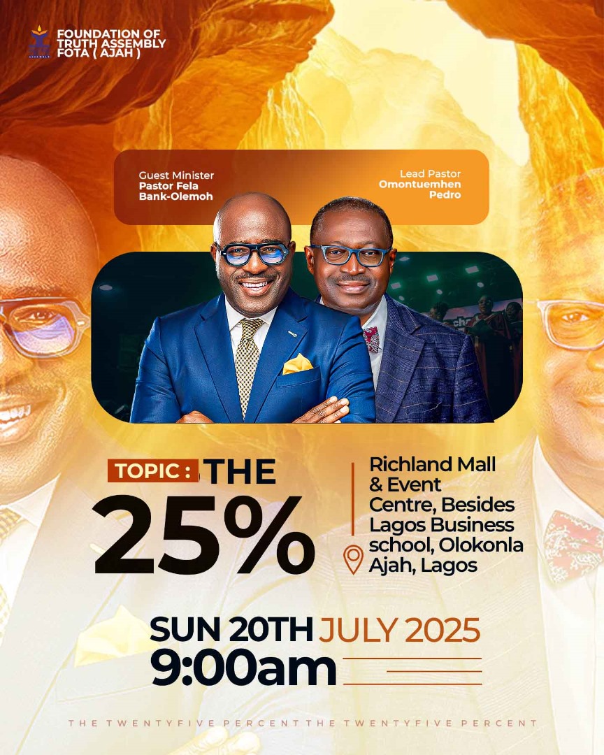 felabankolemoh's tweet image. THE TWENTY FIVE PERCENT 25%
This Sunday at Ajah Church, FBO breaks down βThe 25%ββa powerful revelation on growth, purpose, and producing lasting fruit.
God isnβt just looking for hearersβ¦ Heβs looking for doers.
Donβt miss this life-shifting word!
π Sunday | π 9AM | πFOTAβ¦