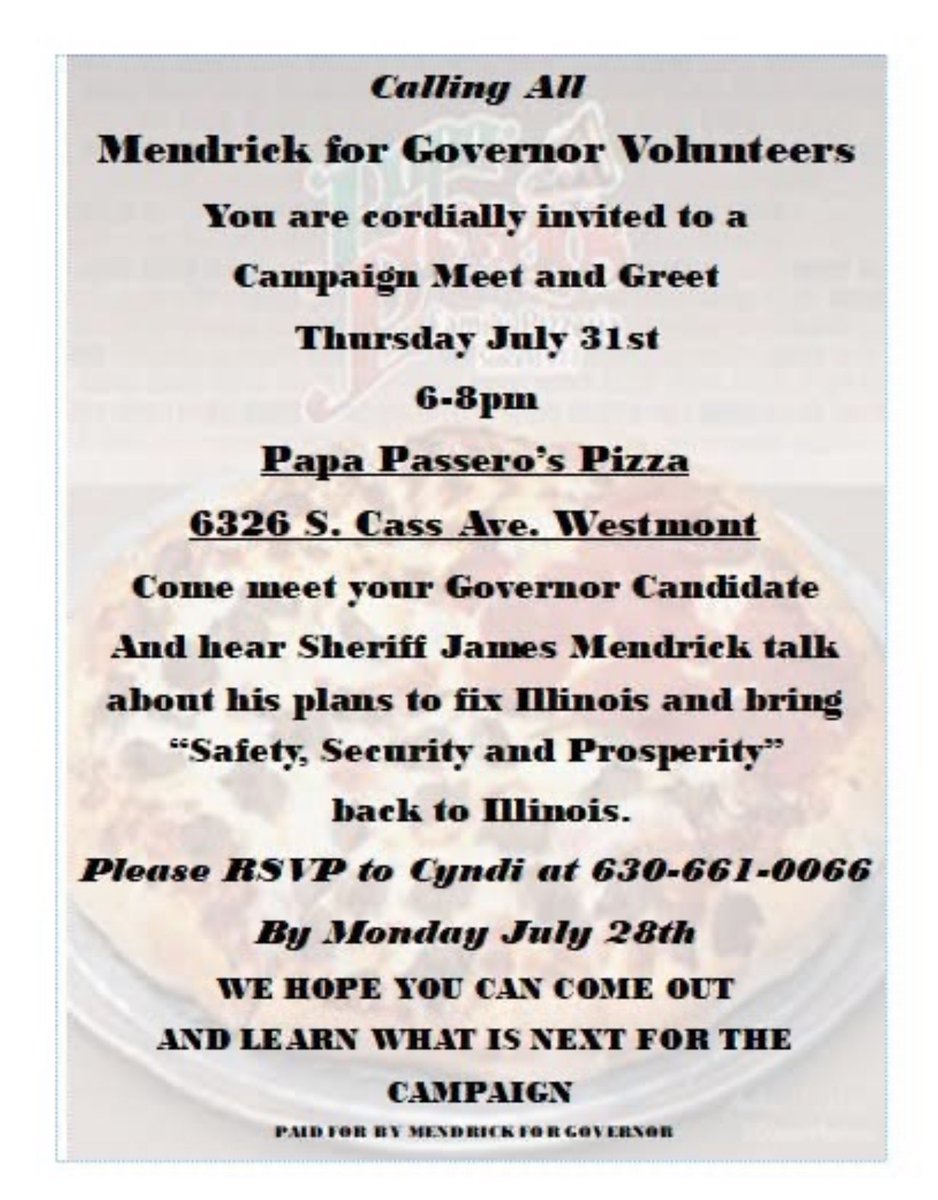 Come meet Sheriff James Mendrick and hear about his plans to fix illinois!