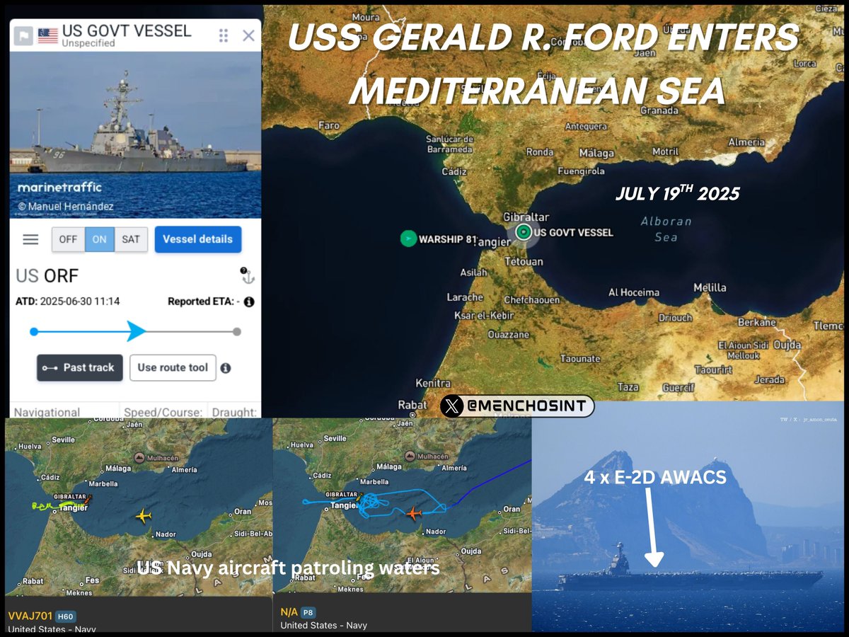 MenchOsint's tweet image. 🚨 🇺🇸 USS Gerald R. Ford (CVN-78) carrier strike group enters the Mediterranean Sea via Gibraltar strait, as two Aircraft carriers already deployed in the region.
Fun fact: The USS Ford is the first aircraft carrier the US sent to defend Israel against Yemen in 2023, but failed…