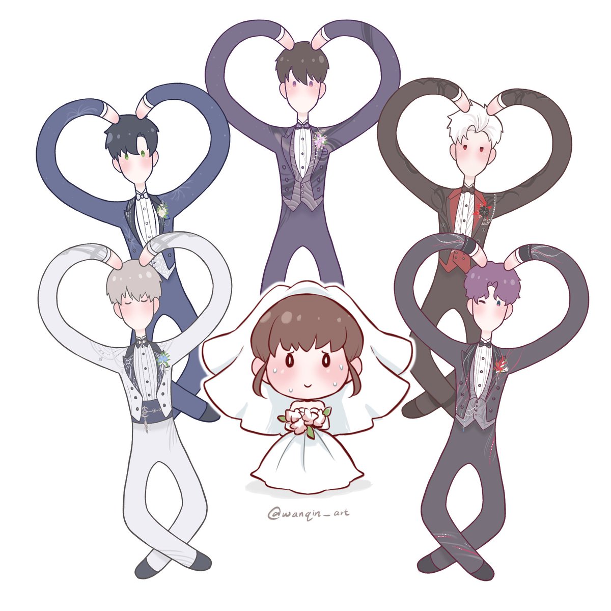 wanqinart's tweet image. 要嫁给哪位抽象新郎?🤪
#Rafayel #Caleb #Sylus #Zayne #Xavier #戀與深空 #loveanddeepspace #恋と深空 #러브앤딥스페이스 #恋と深空二次創作 #沈星回 #黎深 #祁煜 #秦徹 #夏以昼 #wedding