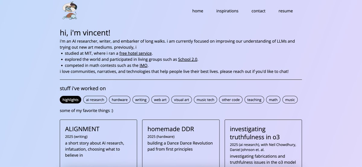 vvhuang_'s tweet image. only took me 4 years (+ daily prodding from @mengk20 😅) to realize:
- website layout should reflect the info you want to communicate, rather than just copying patterns you saw on other sites
- half the elements on my homepage weren’t doing anything