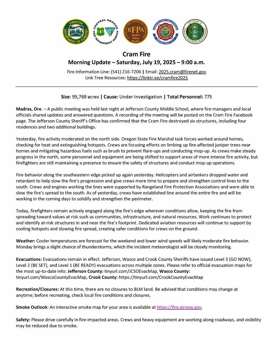 CentralORFire's tweet image. #CramFire Morning Update for July 19 is posted on Inciweb at inciweb.wildfire.gov/incident-publi…