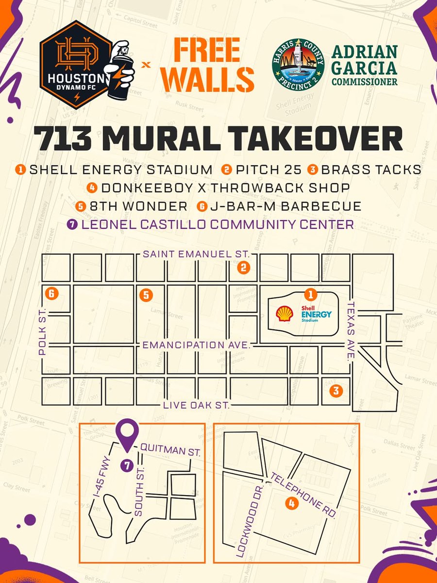 VisitHouston's tweet image. EaDo just got a bold new look 👀🎨 The @HoustonDynamo x Free Walls #713Takeover features 7 murals by local artists repping H-Town 🤘🧡
🔥 The H-Town Collection drops today featuring 2 designs available at the team store!
📍 Walk the art. Wear the pride. #ExploreHOU #Houston