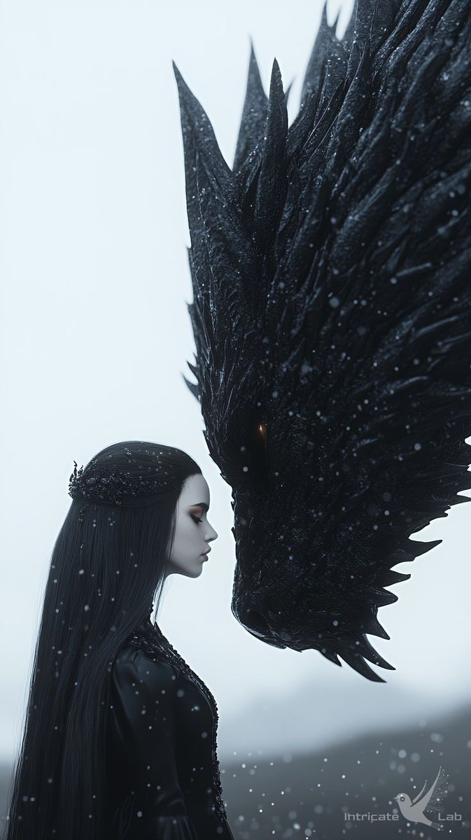 The whole castle is built of #onyx,
her skin is covered with dragon scales
as well as Krai's.
She and the dragon are connected for life, they're exchanging power,
protecting each other
and training together for the War.
Krai is a huge black dragon,