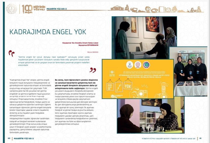 Millî Eğitim Bakanlığımız tarafından hazırlanan Maarifin Yüz Akı dergisinin 3. sayısında, ilimizden iki proje yer aldı. 📚

📌 Damlaya Damlaya Bilinç: Su Tasarrufunu Yapay Zekâ ile Okuyan Genç Zihinler- (Uluslararası eTwinning Projesi)— Yenişehir Hamravat Ortaokulu 

📌