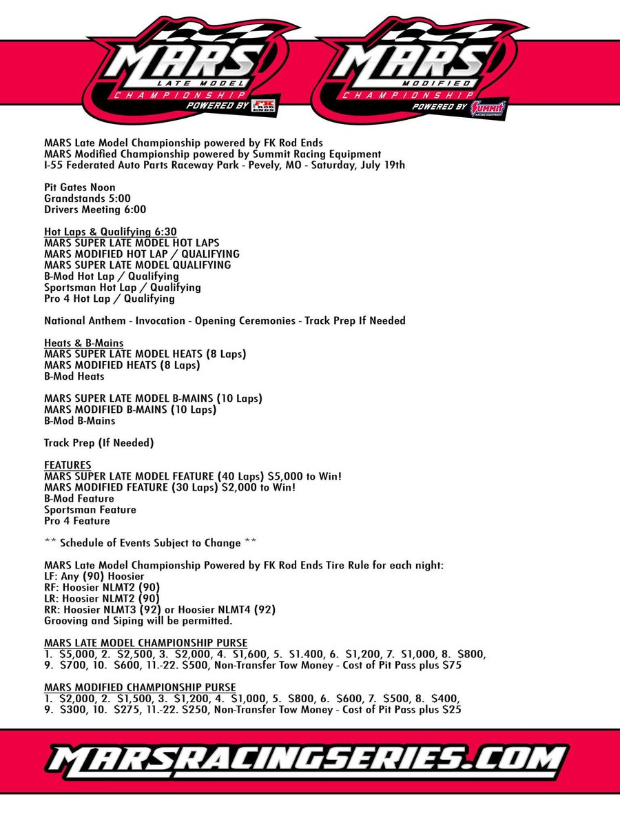 MARS Championship Series (@marsdirtracing) on Twitter photo It's RACE DAY for the MARS Late Model Championship Powered by <a href="/FKrodends/">Team FK</a> and the MARS Modified Championship Powered by <a href="/SummitRacing/">summitracing</a> at <a href="/I55Raceway/">I-55 Raceway</a>!
We hope to see you at the track! It's RACE DAY for the MARS Late Model Championship Powered by <a href="/FKrodends/">Team FK</a> and the MARS Modified Championship Powered by <a href="/SummitRacing/">summitracing</a> at <a href="/I55Raceway/">I-55 Raceway</a>!
We hope to see you at the track!
