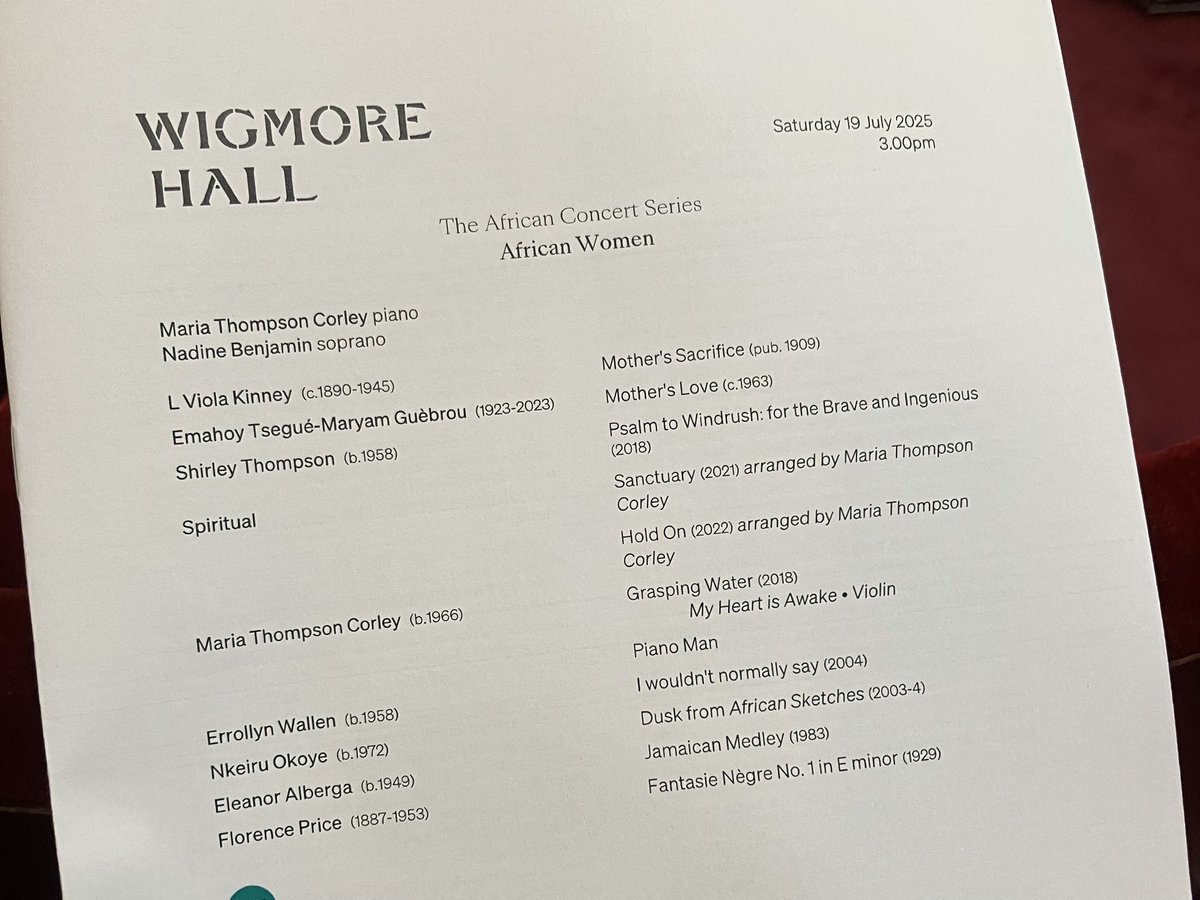 Adrian_Specs's tweet image. Concert 2 of @AfricanSeries was a gem - scintillating solo piano selections from Maria Thompson Corley with Nadine Benjamin guesting on some beautiful songs. Back tonight for part 3! @wigmore_hall