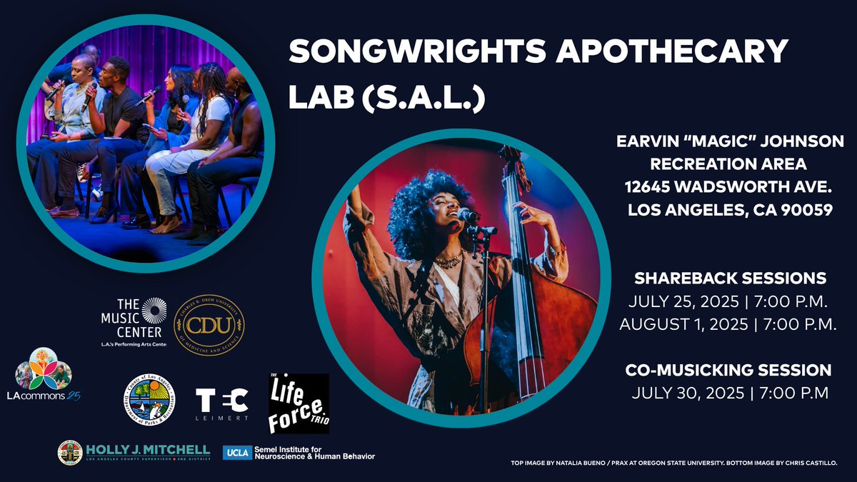 The Music Center (@musiccenterla) on Twitter photo 🎶✨ Join us for Songwrights Apothecary Lab, created by <a href="/EspeSpalding/">esperanza spalding</a>! Rooted in connection, community and healing, SAL will bring together local artists, educators and wellness practitioners in a series of free summer sessions! Come co-create & connect : bit.ly/46QioEt 🎶✨ Join us for Songwrights Apothecary Lab, created by <a href="/EspeSpalding/">esperanza spalding</a>! Rooted in connection, community and healing, SAL will bring together local artists, educators and wellness practitioners in a series of free summer sessions! Come co-create & connect : bit.ly/46QioEt