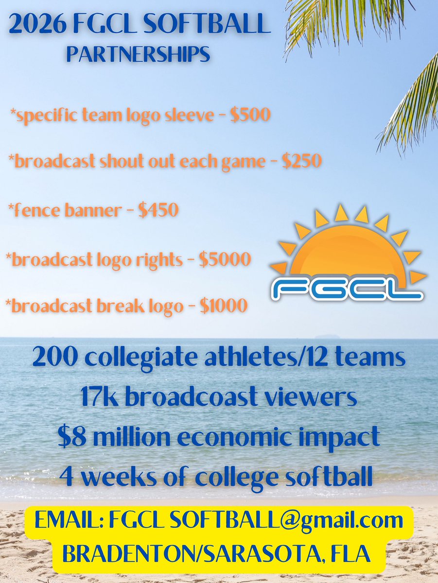 FGCLsoftball's tweet image. 2026 FGCL Softball Partnership Opportunities available! Get in early!
Email: FGCLsoftball@gmail