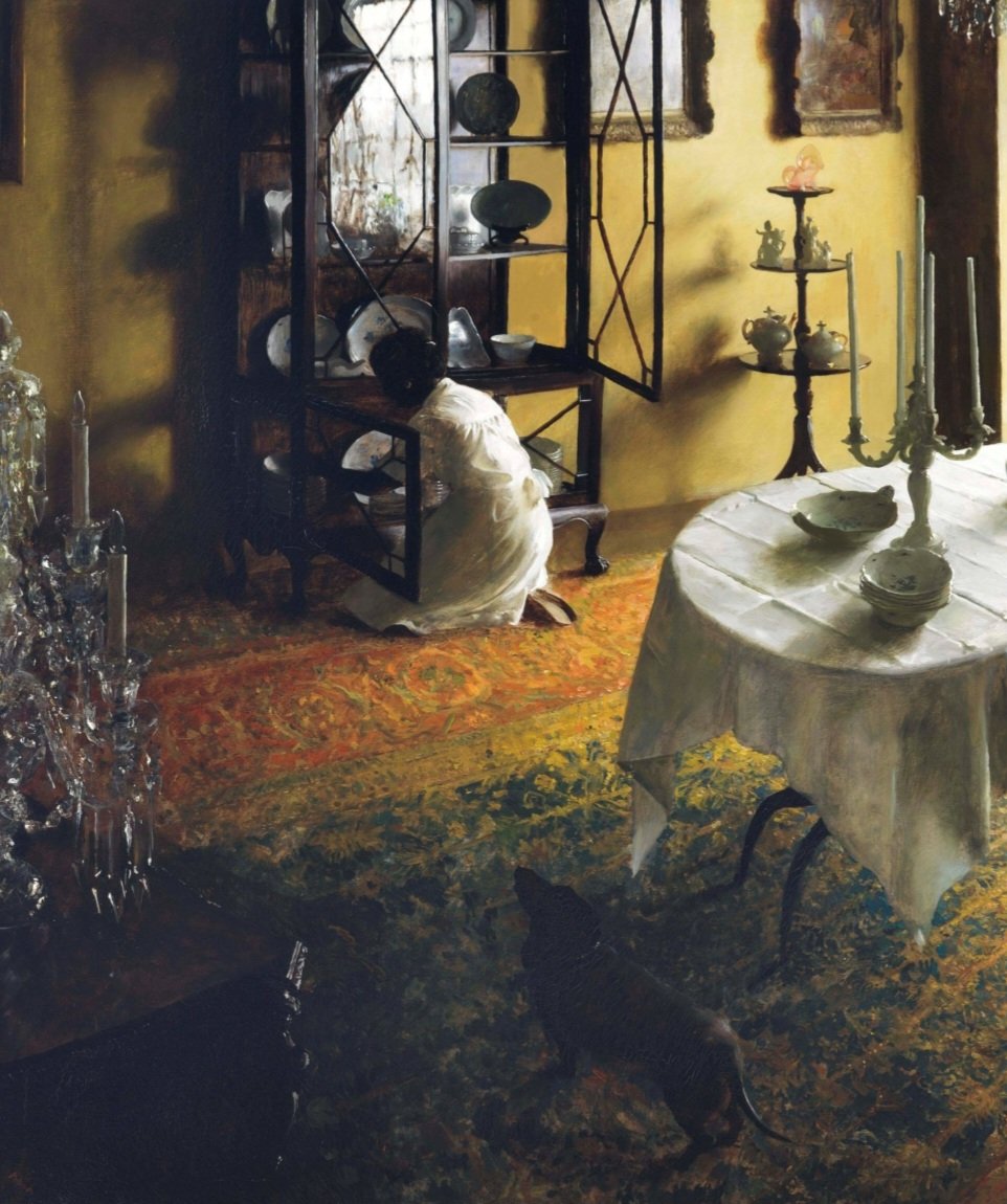 ahistoryinart's tweet image. 'The Dining Room.' (1956) John Koch worked out of his New York City apartment which provided a backdrop for many of his paintings, filled as it was with antiques and paintings from various centuries; they feature prominently in his work and add a domestic intimacy.