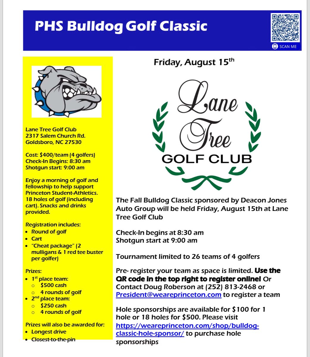 PBulldogBooster's tweet photo. Time is running out to Register for our Annual Golf Tournament fundraiser at Lane Tree Golf Club.  Special rate for PMHS students at $50 per participant, students must register via email at President@weareprinceton.com.  Get your team together and come join in the fun! https://t.co/0NQpDbhAxi