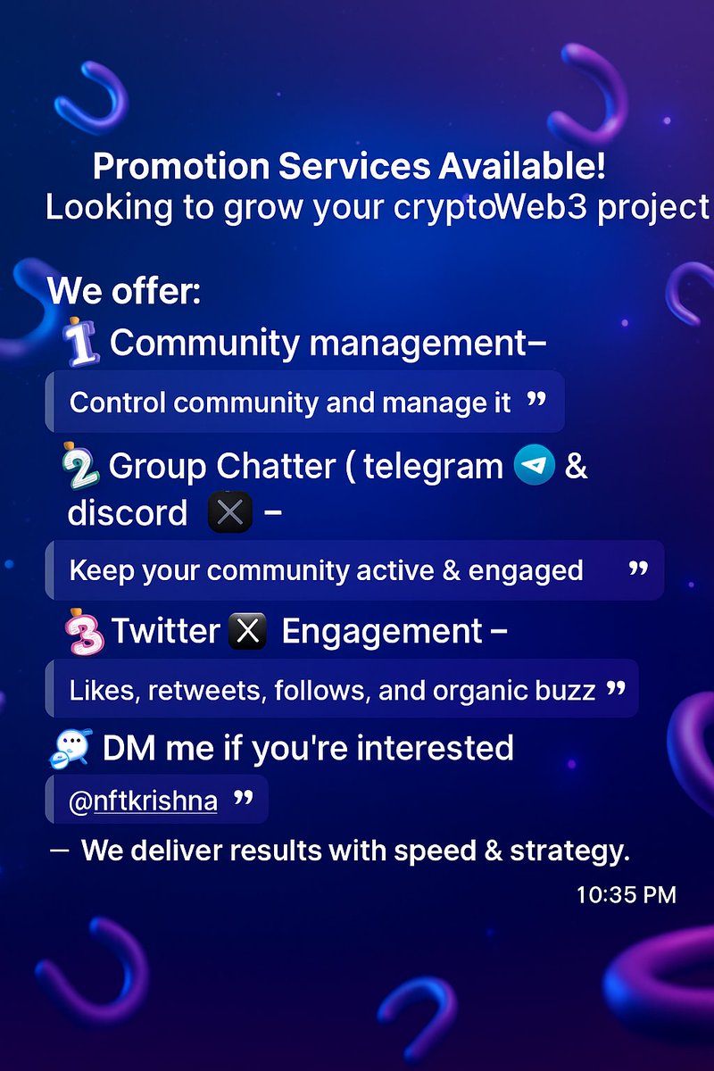 FrankAlbert0913's tweet image. Looking to grow your crypto/Web3 project?
We offer:
1️⃣Community management
2️⃣Group Chatter ( telegram,discord)
3️⃣Twitte Engagement – 
Likes, retweets, follows, and organic buzz
💬 DM me if you&apos;re interested
— We deliver results with speed &amp;amp; strategy.
#CryptoMarketing #TwitterRaid