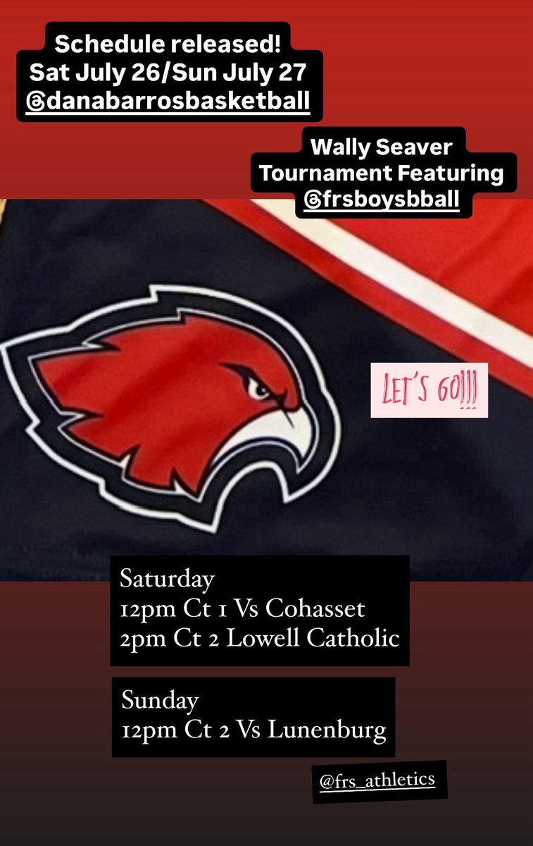 Frontier RedHawks Basketball (@frontier_hoops) on Twitter photo Your RedHawks cannot wait to play in the premier <a href="/WallyHSInvALS/">“Wally” Seaver HS Invitational</a> next weekend at Dana Barros Club! Saturday 7/26 vs Cohasset and Lowell Catholic and Sunday 7/27 vs Lunenburg. Ya boys are locked in!!!! Your RedHawks cannot wait to play in the premier <a href="/WallyHSInvALS/">“Wally” Seaver HS Invitational</a> next weekend at Dana Barros Club! Saturday 7/26 vs Cohasset and Lowell Catholic and Sunday 7/27 vs Lunenburg. Ya boys are locked in!!!!