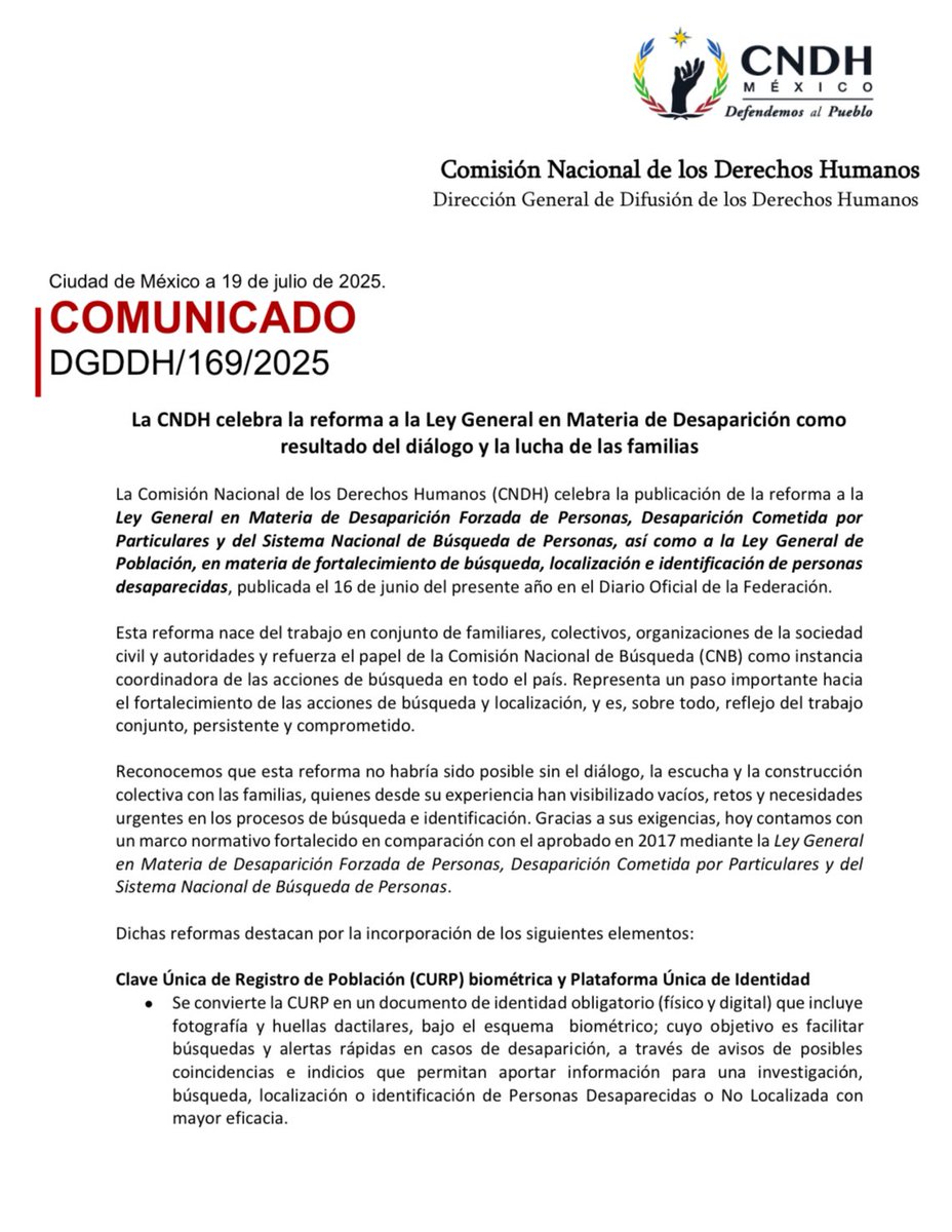 CNDH's tweet image. La #CNDH reconoce la reforma a la Ley General de Desaparición Forzada, que incluye la implementación de la CURP biométrica, Plataforma Única de Identidad y Base Nacional de Carpetas de Investigación, fortaleciendo la búsqueda y localización de personas desaparecidas.…