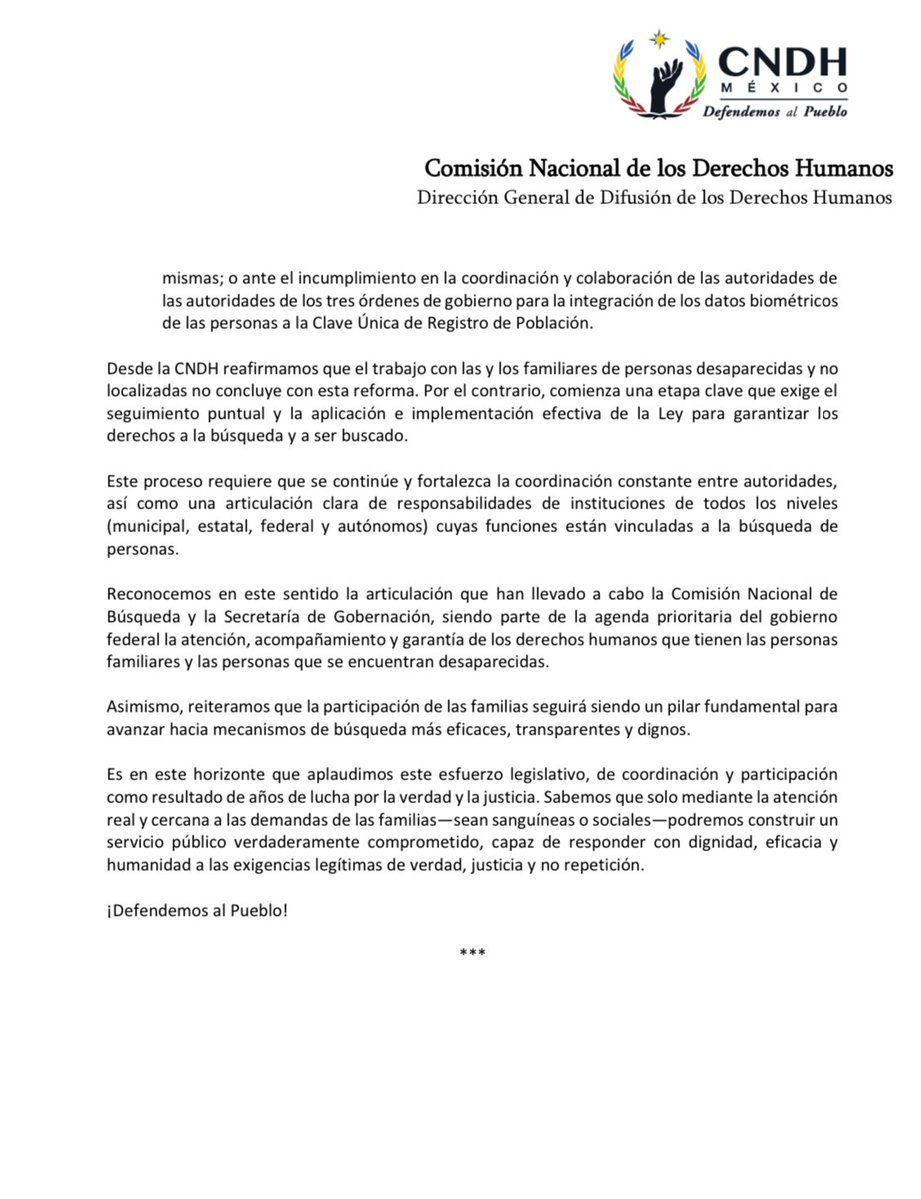 CNDH's tweet image. La #CNDH reconoce la reforma a la Ley General de Desaparición Forzada, que incluye la implementación de la CURP biométrica, Plataforma Única de Identidad y Base Nacional de Carpetas de Investigación, fortaleciendo la búsqueda y localización de personas desaparecidas.…