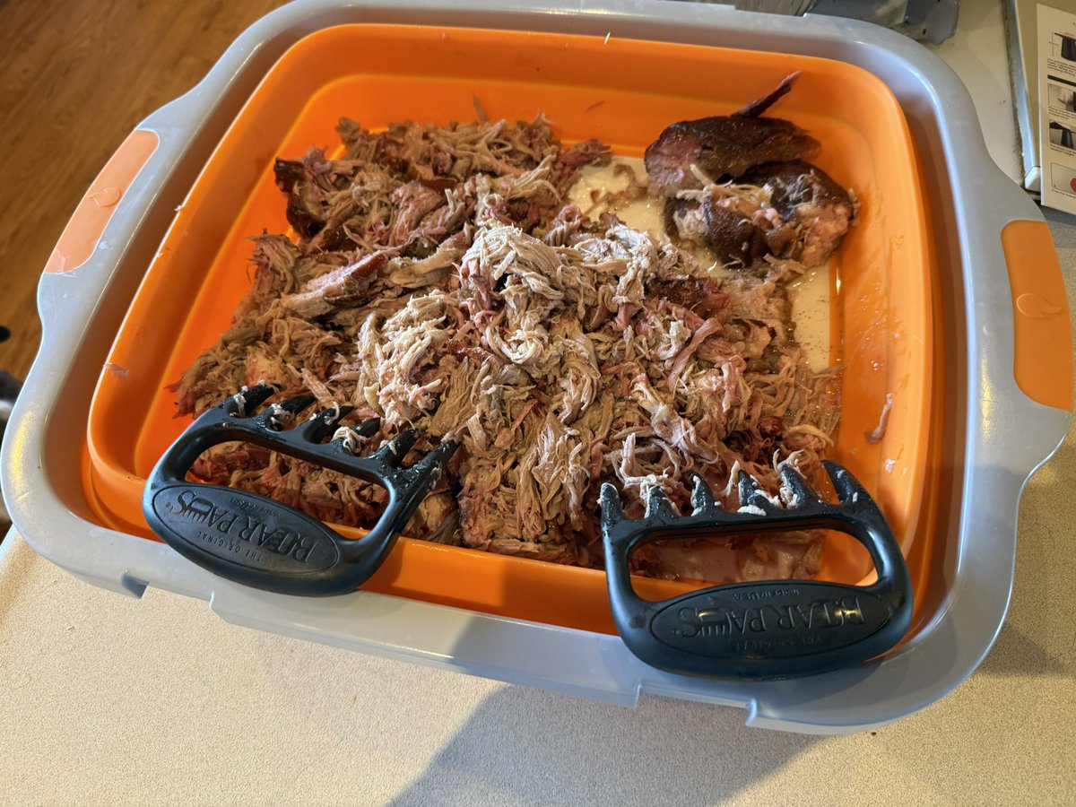 JimEspy's tweet image. Between the two storms, we got a 10th of an inch of rain last night so it kicked me out of the hayfield this morning so we are shredding the pork butts that I had on the pellet smoker yesterday. Then we will get ready for our second happy cow audit, which is on Monday.