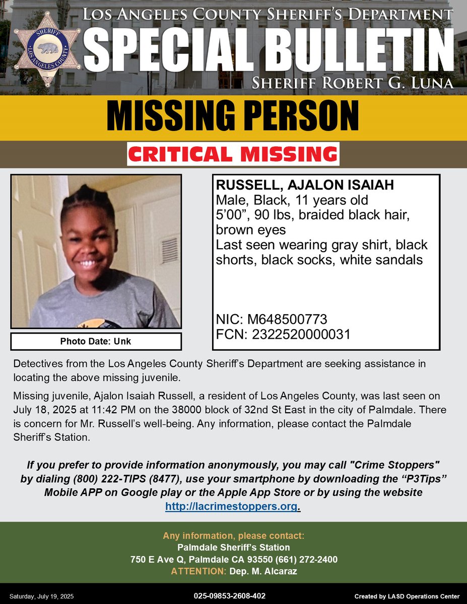 LASDHQ's tweet image. #LASD is Asking for the Public's Help Locating Critical Missing Juvenile, Ajalon Isaiah Russell -
local.nixle.com/alert/11743803/