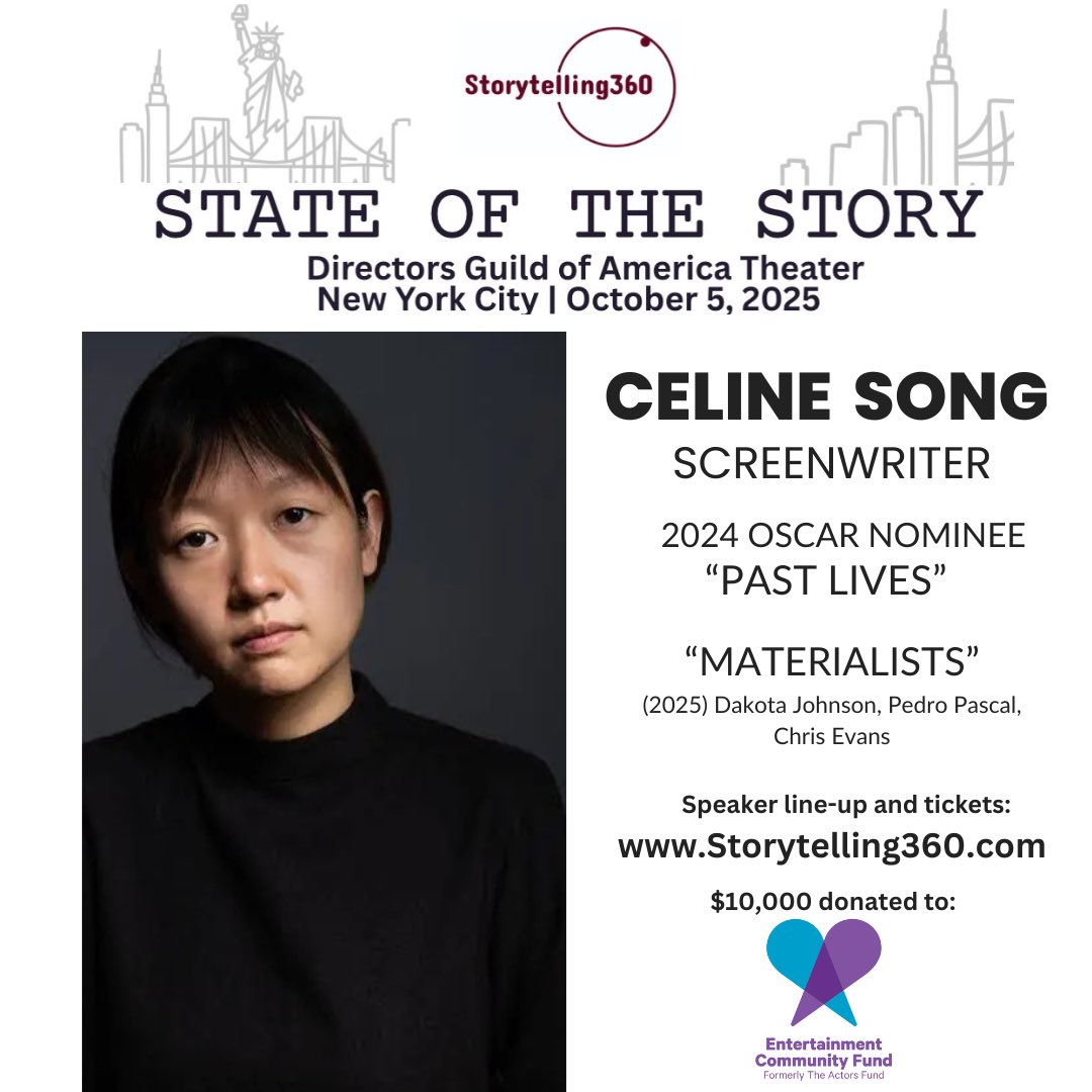 StoryTalks360's tweet image. 📣Elated to share a new speaker for the STATE OF THE STORY CONFERENCE October 5th @ the Directors Guild Theater NY
2024 ORIGINAL SCREENPLAY OSCAR NOMINEE:
CELINE SONG (“PAST LIVES”)
Line-up & tickets🎟️
Storytelling360.com
#screenwriter #WritingCommunity #writer #NYC #film