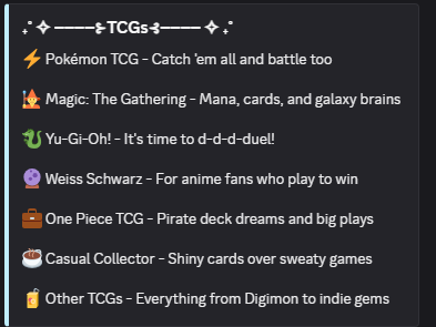 xbloomii's tweet image. iโve been into trading card games my whole life ๐๐ just started playing magic with friends and iโm loving it!!
i even made some TCG roles in the dino den to see what my dino nuggies are into ๐ฆโจ
do you play or collect too? let me know!!