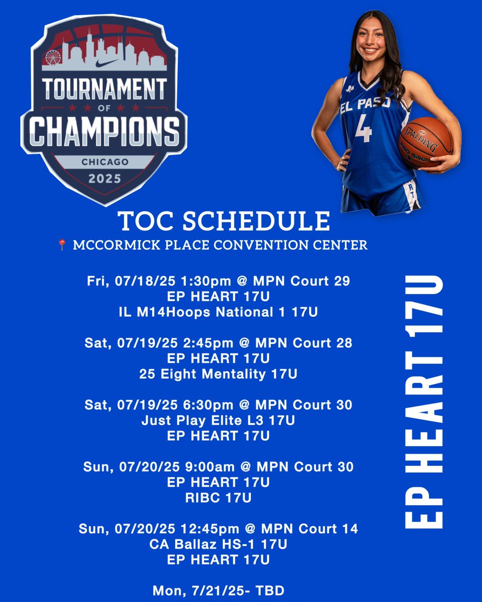 Victoria Duran (@torihoopss) on Twitter photo Last ride!
Here is my schedule for this weekends Nike TOC- Chicago. Come check us out! ππΌ <a href="/EPHeart915/">El Paso Heart</a> <a href="/915CoachMarco/">Marco</a> <a href="/IFalk4/">Coach Falk</a> <a href="/ev_duran7/">Evanett Duran</a> Last ride!
Here is my schedule for this weekends Nike TOC- Chicago. Come check us out! ππΌ <a href="/EPHeart915/">El Paso Heart</a> <a href="/915CoachMarco/">Marco</a> <a href="/IFalk4/">Coach Falk</a> <a href="/ev_duran7/">Evanett Duran</a>