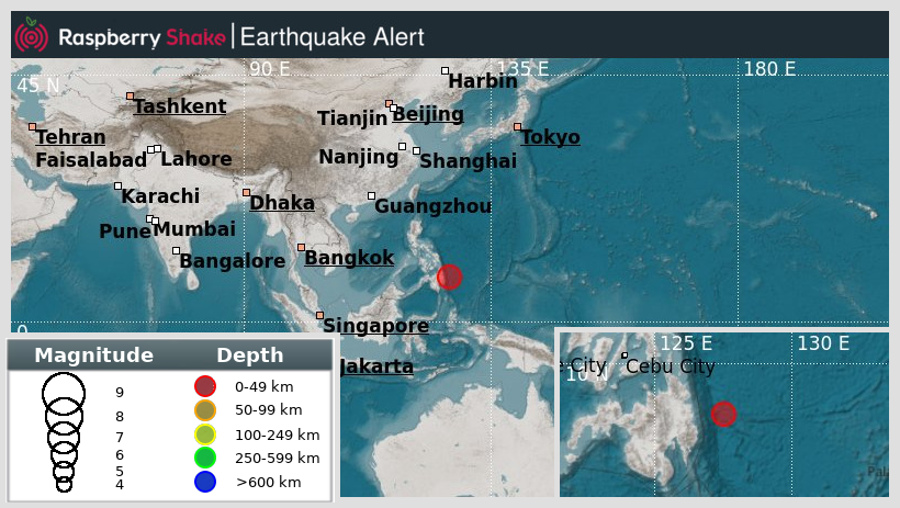 raspishakEQ's tweet photo. Preliminary M5.6 #Earthquake
ID: #rs2025ocoegp
126km from #Lingig, #Philippines
2025-07-19 16:25 UTC
Source: #GFZ
@raspishake

Join the largest #CitizenScience EQ community ➡ https://t.co/Y5O0dgJqJF

EVENT ➡ https://t.co/M4bCG13wcA https://t.co/xIA6t4HK9X