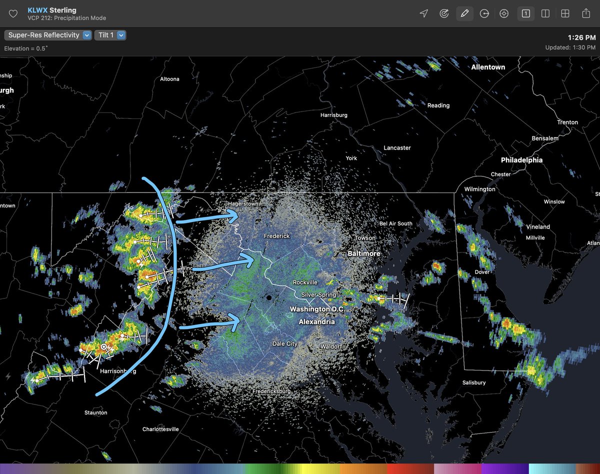 ryankanerWX's tweet image. Watching an area of showers and storms that will track east into the Balt/Wash area this afternoon. With high PWAT's >2.0", any shower/storm will be very efficient rainmakers. More scattered convection is possible ahead of this cluster. #MdWx