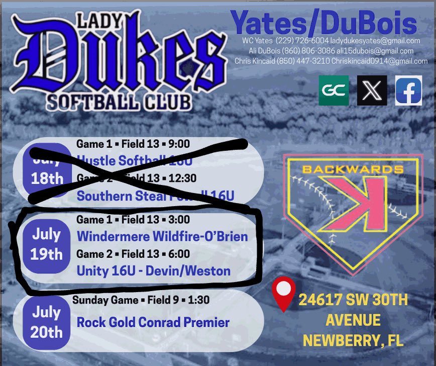EdenRustin's tweet photo. Today's schedule in Newberry! 
@yates55_2009 @Jodirustin78 @LadyDukesYates 
@BaynesCoach @ashlieghmclean @jakesidwell29 @hollimitchell8 @Jax_coache @joe_pound @SoftballDown @DfwSho @PrepSoftball @D1ProScouts @UWAA_United @ExtraInningSB @SBRRetweets  @CoastRecruits https://t.co/EjOL5lyADH