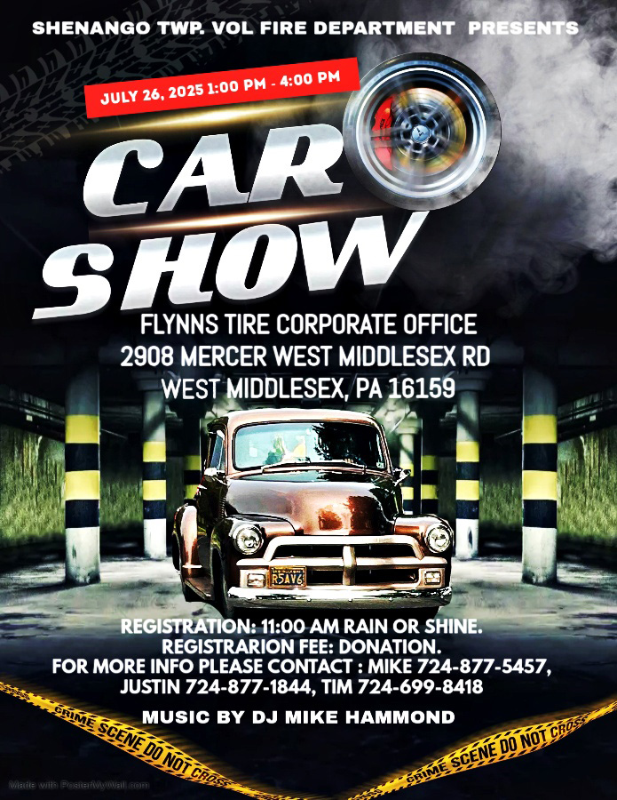 The Shenango Township Volunteer Fire Department is hosting a Car Show this week! Registration is a donation, and anything helps. Come on out and support our community! 🚙