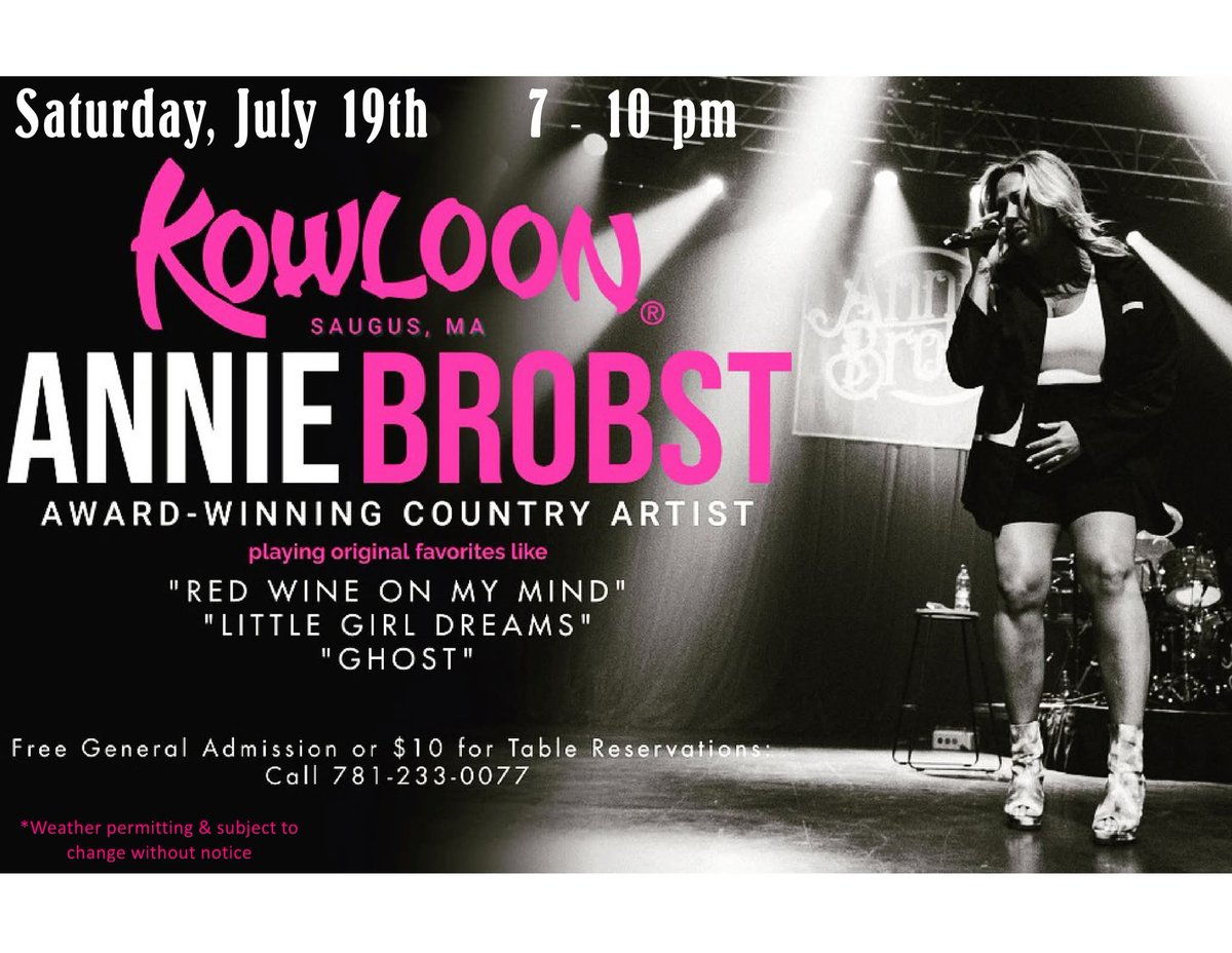 KowloonSaugus's tweet image. Tonight! Live Music in our outdoor patio featuring Annie Brobst from 7-10 pm.
General Admission is free. Reserved Seating: $10/person. Order Online at Kowloonrestaurant.com or call 781-233-0077.
Weather permitting.
#KowloonRestaurant
#LiveMusic
#MusicMaiTaisSaugusWings