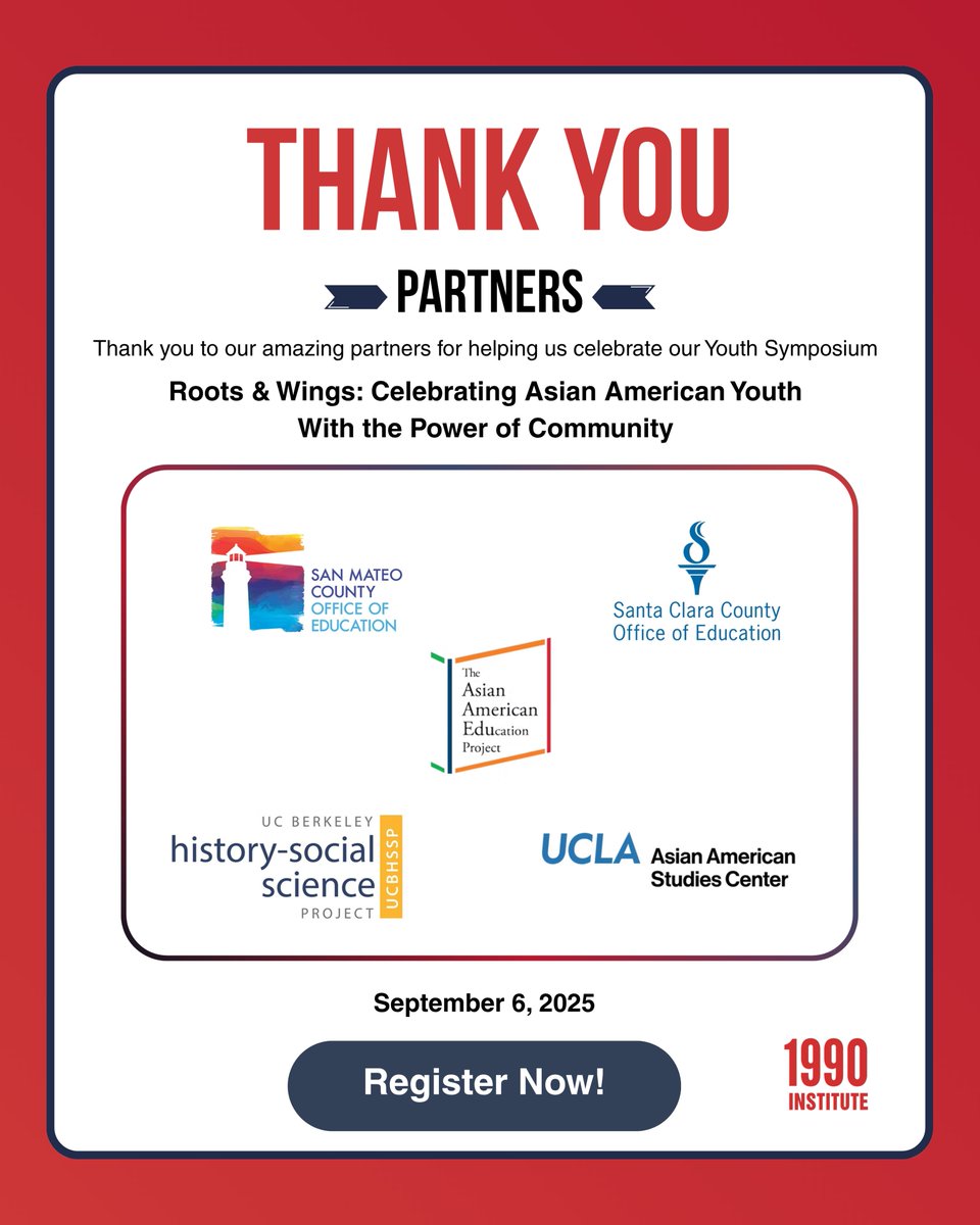 1990Institute's tweet image. 🌟 Education Partner Spotlight 🌟
We’re proud to honor 5 amazing partners helping to power our Youth Symposium:

@SCCOE @sanmateocoe @AsianAmEdu @UCLAAASCPress ✨ UC Berkeley HSSP

📅 Sept 6 | 📍 College of San Mateo

Register now:  eventbrite.com/e/the-2025-asi…

#AAPIYouth
