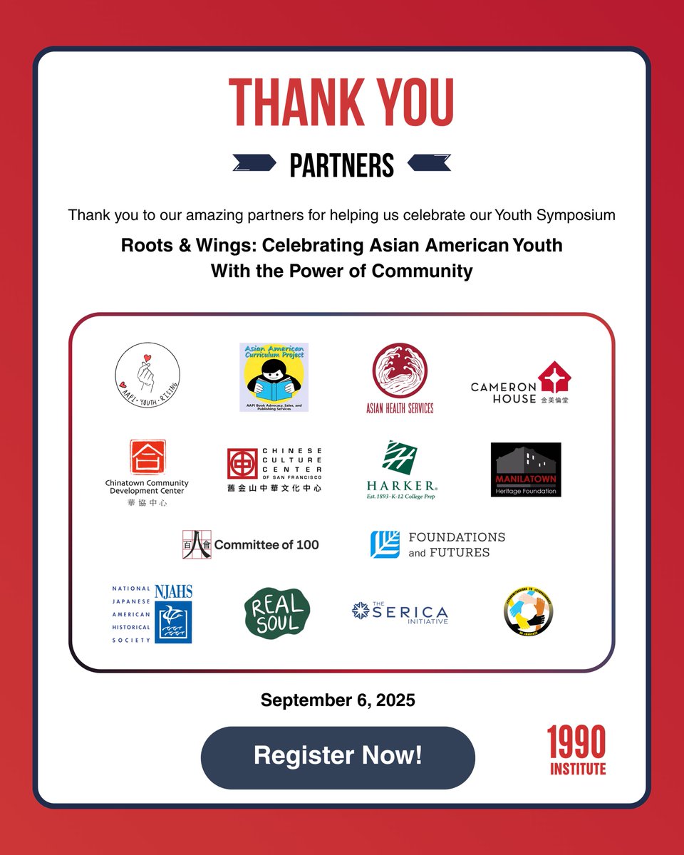 1990Institute's tweet image. 🌟 Education Partner Spotlight 🌟
We’re proud to honor 5 amazing partners helping to power our Youth Symposium:

@SCCOE @sanmateocoe @AsianAmEdu @UCLAAASCPress ✨ UC Berkeley HSSP

📅 Sept 6 | 📍 College of San Mateo

Register now:  eventbrite.com/e/the-2025-asi…

#AAPIYouth