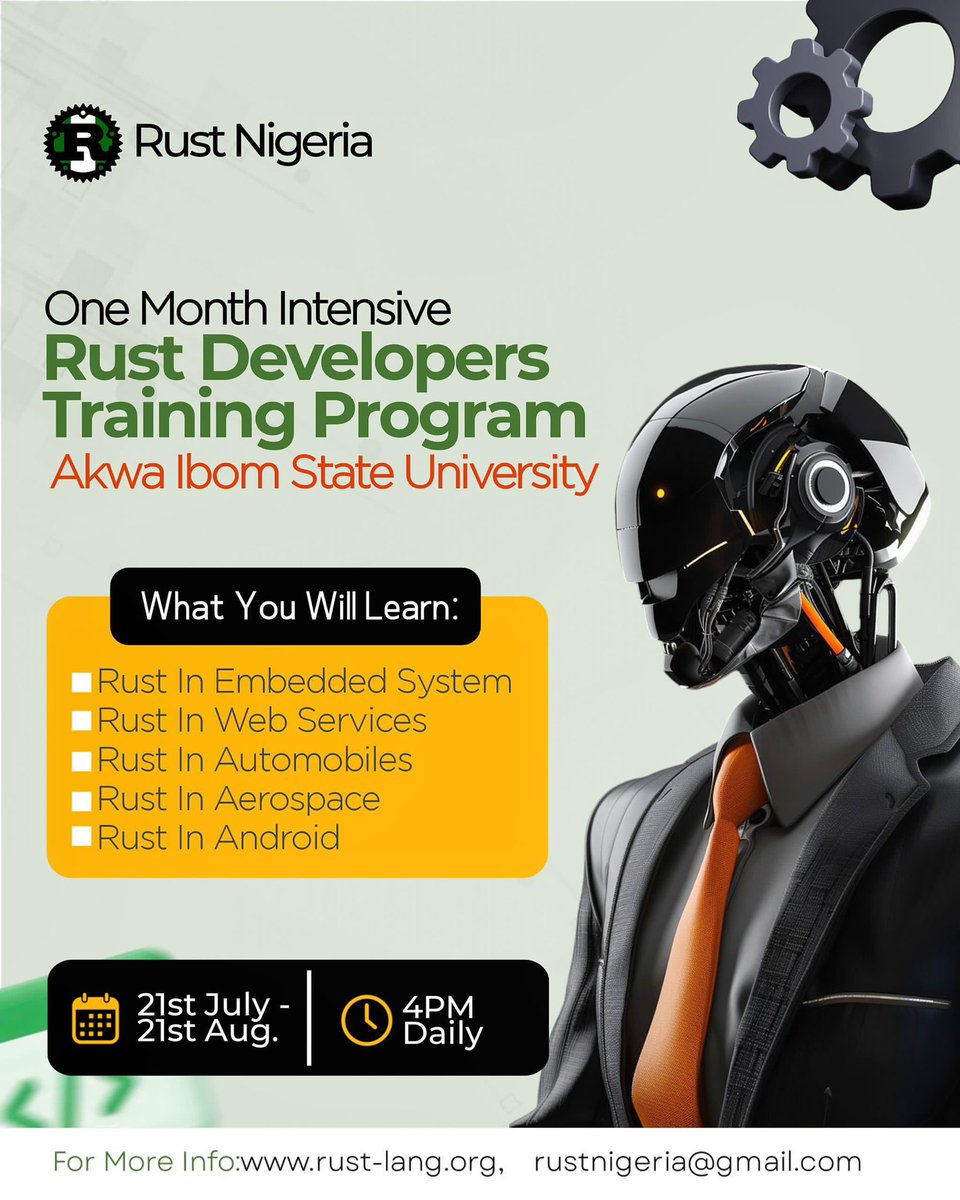 promise_reckon's tweet photo. The #rustlang #developer’s on campus Bootcamp kicks off on Monday at AKS University from the 21st of July - 21st of August 2025

Join the WhatsApp Community:
https://t.co/AtIgYYOu6b https://t.co/AfKbI2bh2c