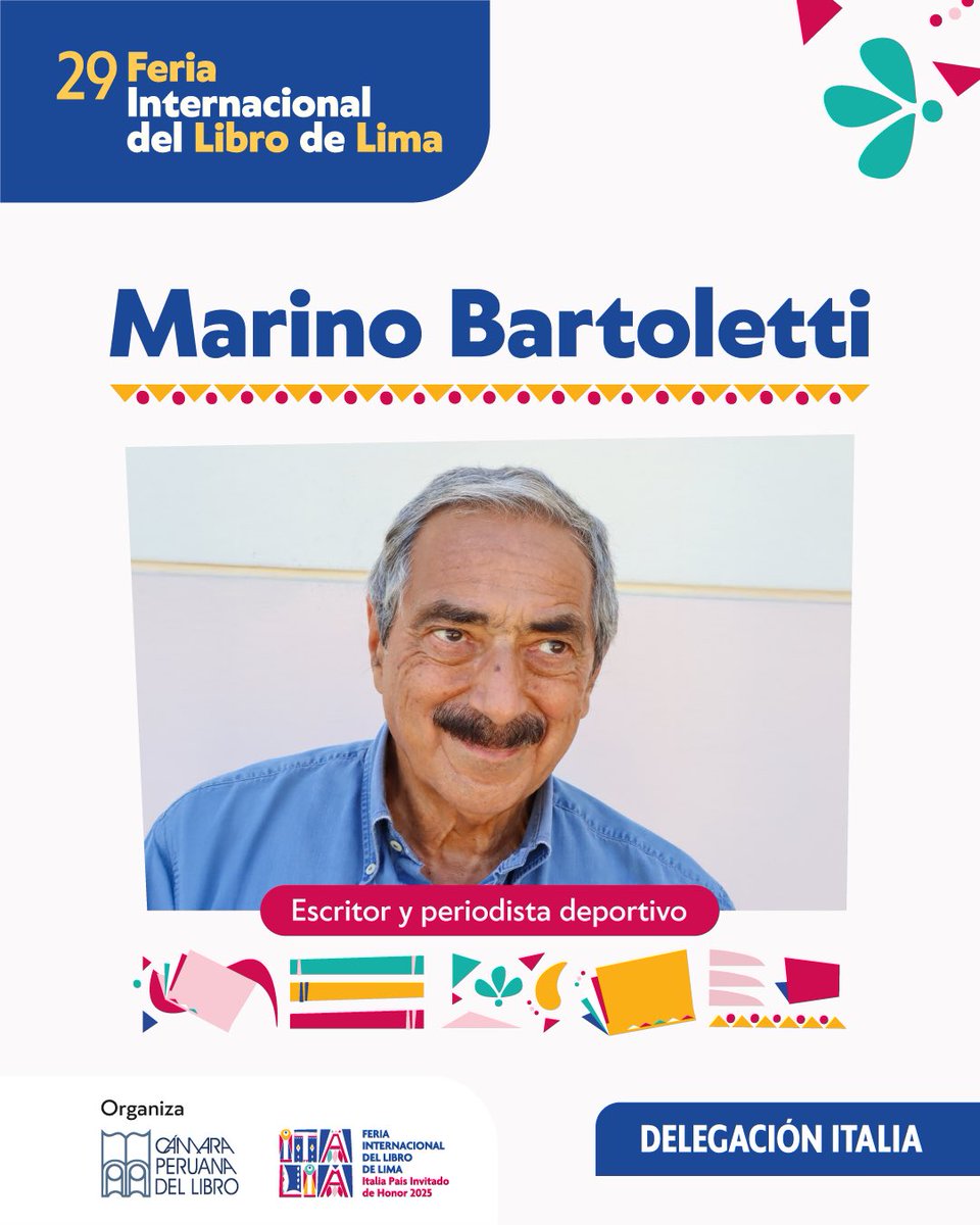 FILLima2025's tweet image. 🔹 Marino Bartoletti – Periodista deportivo italiano y autor de Come Together
🗓️ Del 27 al 29 de julio
📍 Pabellón Italiano
🎟️ Entradas: teleticket.com.pe/fil-lima-2025
ℹ️ Programación sujeta a cambios y aforo limitado.