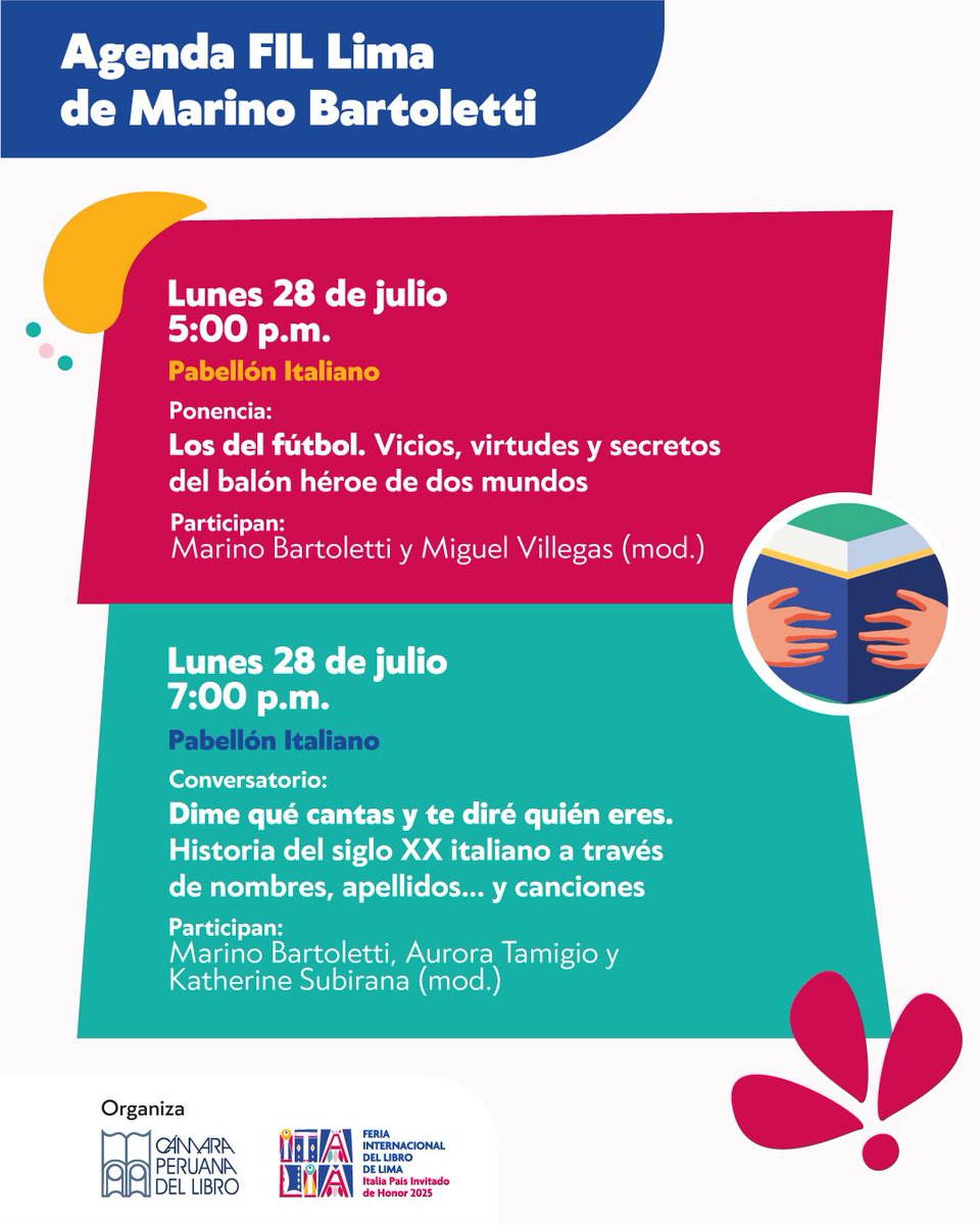 FILLima2025's tweet image. 🔹 Marino Bartoletti – Periodista deportivo italiano y autor de Come Together
🗓️ Del 27 al 29 de julio
📍 Pabellón Italiano
🎟️ Entradas: teleticket.com.pe/fil-lima-2025
ℹ️ Programación sujeta a cambios y aforo limitado.