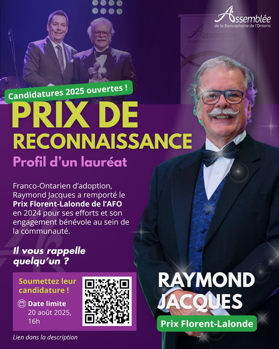 Connaissez-vous ce lauréat des Prix de reconnaissance de l’AFO 2024 ? 🏆

L’an dernier, Raymond Jacques a remporté le Prix Florent Lalonde pour son engagement bénévole au sein de de notre communauté. 🤝

En 1984, Raymond a quitté Trois-Rivières pour Ottawa afin de développer des