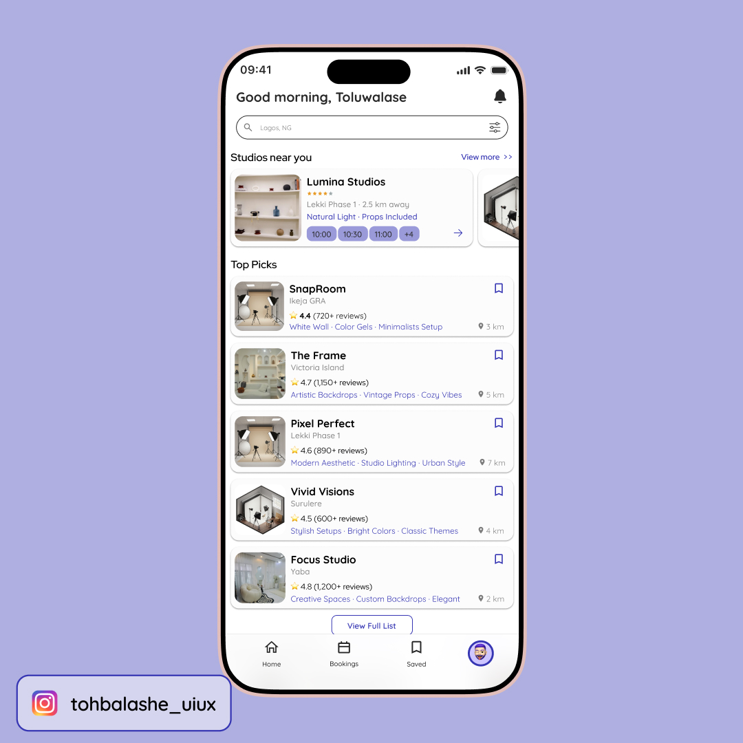 _Lashe_'s tweet photo. A mobile home screen designed for Studioverse — a platform where studio owners and creators connect effortlessly.
The goal was to prioritize exploration, nearby studios, and clean navigation.
#uiuxdesign #mobiledesign #studiospace #uxinspiration #uiuxdesign #ProductDesign https://t.co/4WB7RJ4U4k