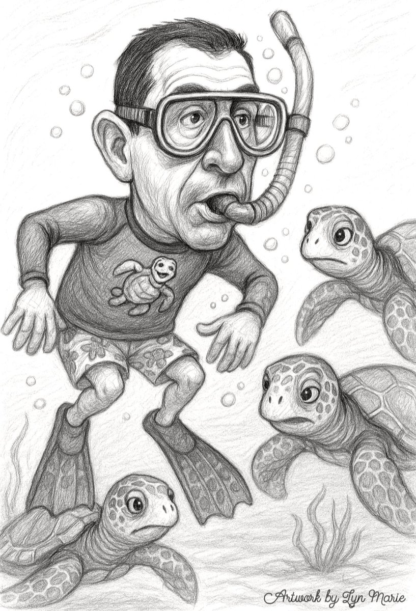 LynMari24290294's tweet image. 🐢 Caricature Drop: Hank Brennan—Swimming with His Thoughts
@DoctorTurtleboy lives rent-free in Hank's head, so naturally… he booked a Caribbean getaway to swim with his emotional support turtles. 🏝️
Fresh off that Commonwealth payout, Brennan’s blowing steam—and cash—while…