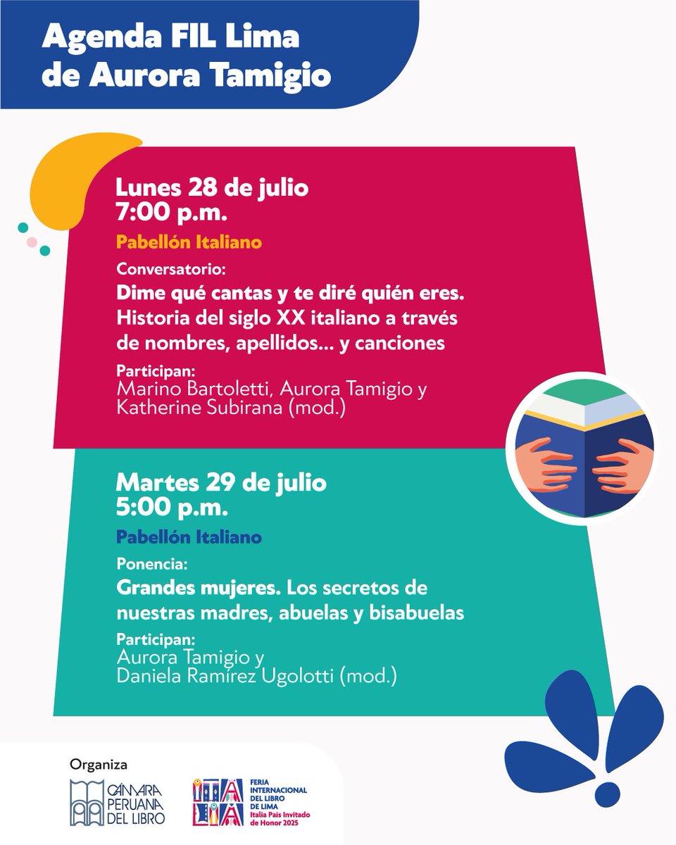 FILLima2025's tweet image. 🔹 Aurora Tamigio – Autora de El apellido de las mujeres, Premio Bancarella
🗓️ Del 27 al 29 de julio
📍 Pabellón Italiano
🎟️ Entradas: teleticket.com.pe/fil-lima-2025
ℹ️ Programación sujeta a cambios y aforo limitado.